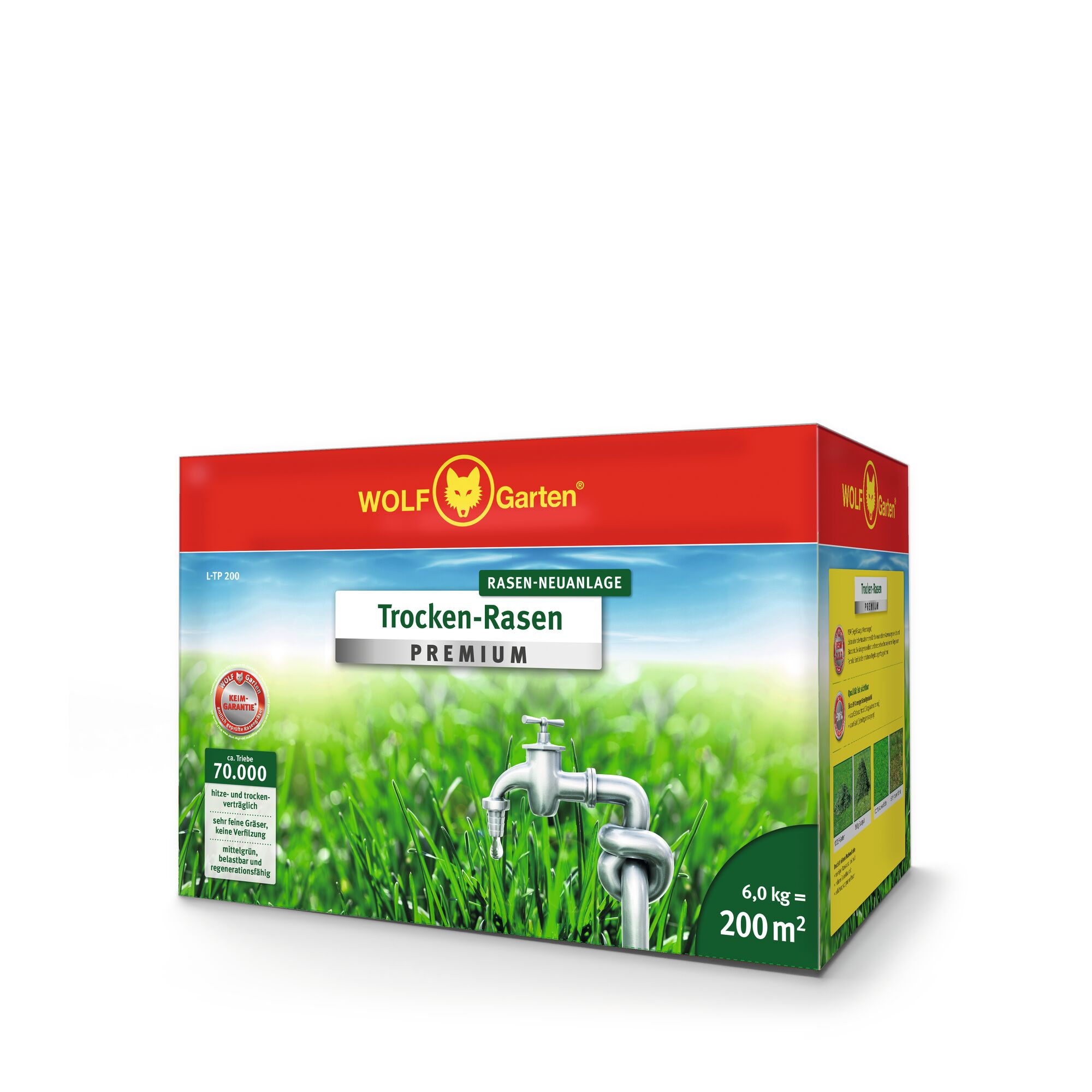 A box of WOLFGarten Trocken-Rasen Premium lawn seed for dry lawns, with a red and green design. The box features an image of green grass with a metal outdoor water tap, and indicates coverage for 200 m² and a weight of 6.0 kg.