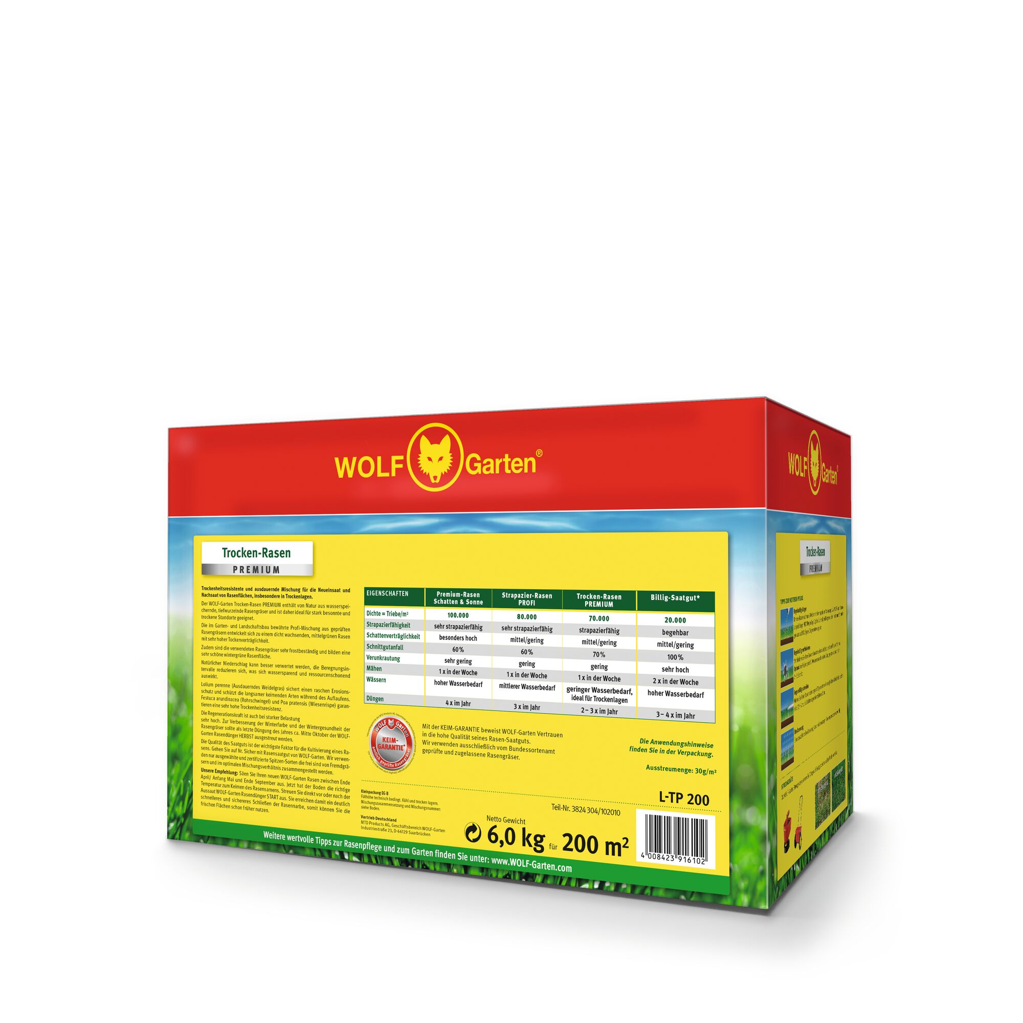 A rectangular box of WOLF Garten lawn seed, featuring the brand's red and yellow design. The packaging displays product information, a comparison chart of grass types, and instructions. The label indicates 'Trocken-Rasen PREMIUM' for dry lawns, with a weight of 6.0 kg suitable for 200 square meters.