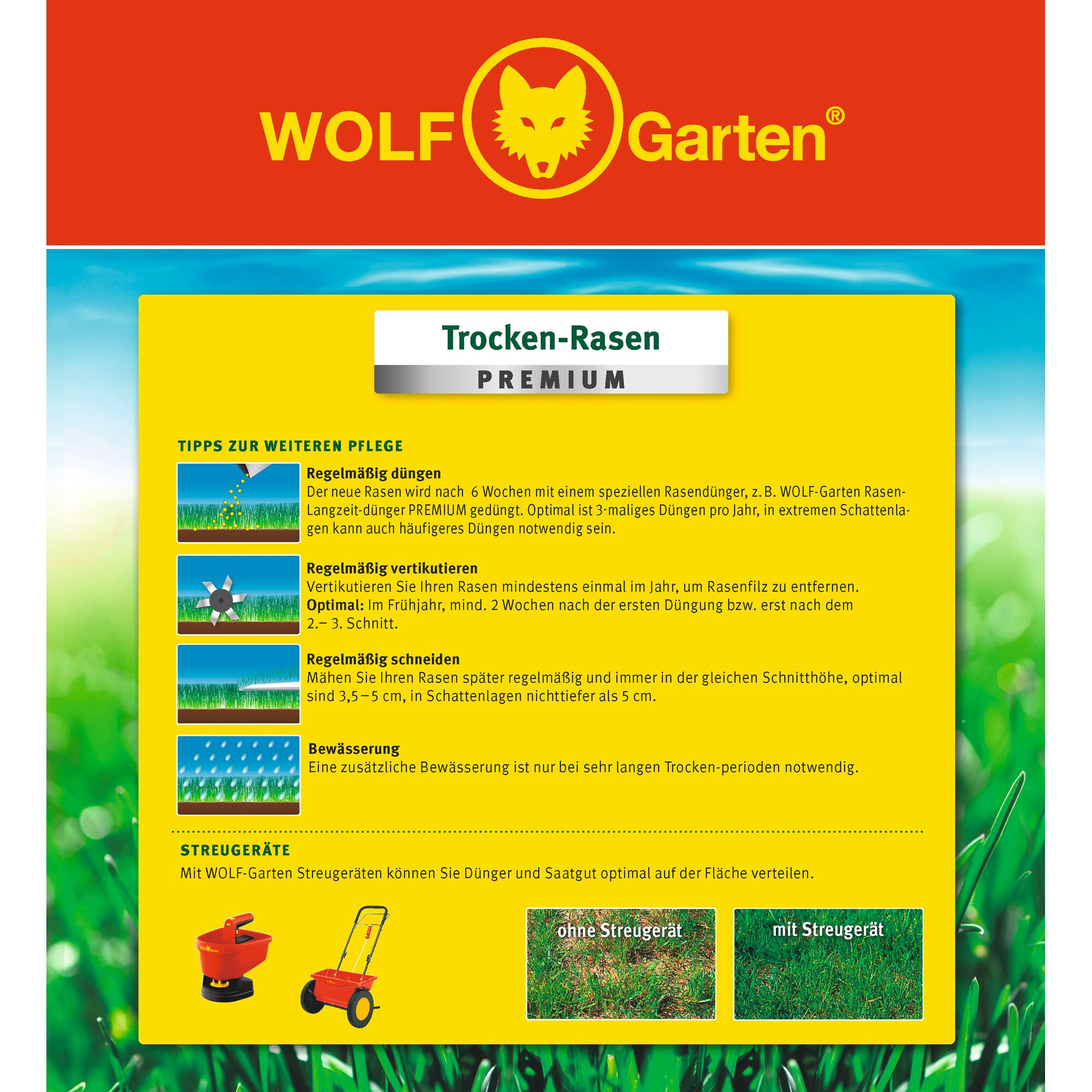 Promotional image for WOLF-Garten Trocken-Rasen PREMIUM, featuring care tips for dry lawns. It highlights fertilizing, aeration, mowing, watering, and the use of spreading tools for optimal lawn maintenance. The design includes illustrated instructions and product branding in vibrant colors.