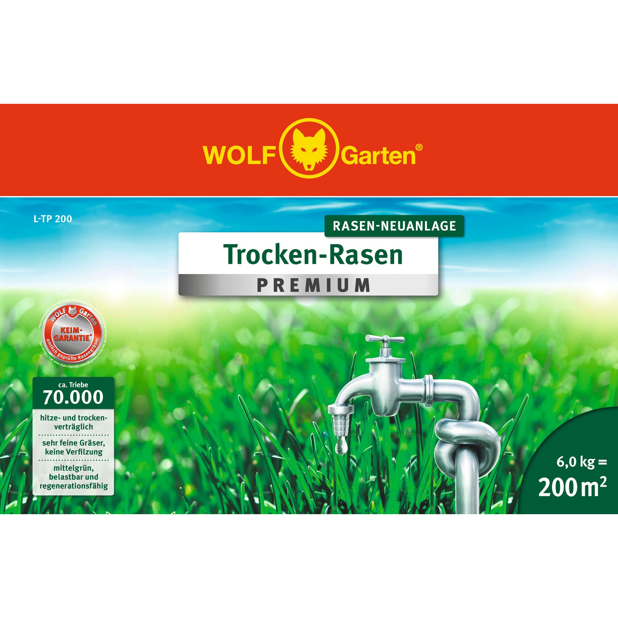 Packaging for WOLFGarten Trocken-Rasen Premium dry lawn seed. The design features green grass with a metal water tap and a knot in the pipe, emphasizing water-saving benefits. Key information includes coverage of 200 square meters with 6 kg, approximately 70,000 shoots, suitable for heat and drought conditions, and regeneration capability.