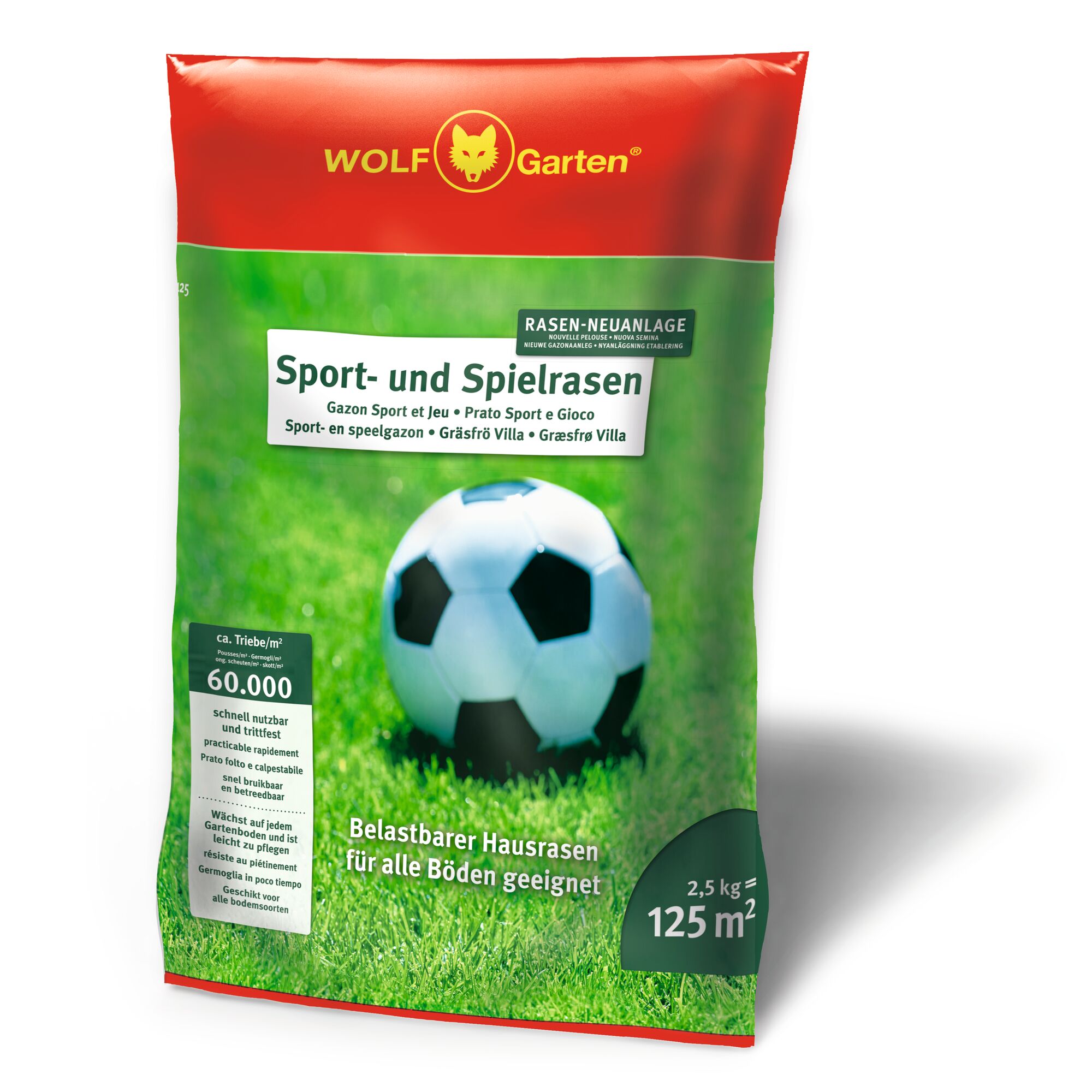 A package of WOLF Garten Sport- und Spielrasen lawn seed, showing a soccer ball on green grass. The bag is red and green with information about usage, coverage area of 125 m², and weight of 2.5 kg.