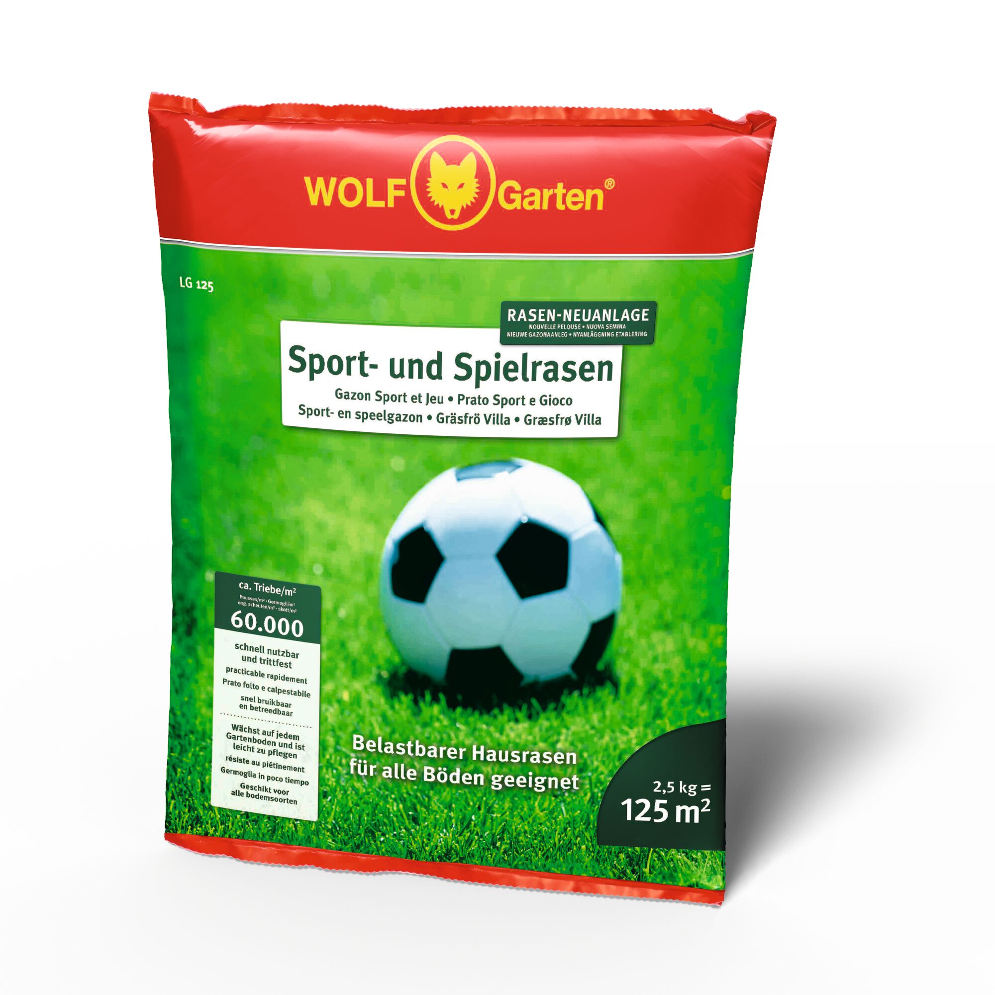 A package of WOLFGarten Sport- und Spielrasen lawn grass seed, featuring a soccer ball on green grass. The packaging is red and green, indicates coverage of 125 m² with 2.5 kg contents, and is suitable for robust home lawns for all soils.