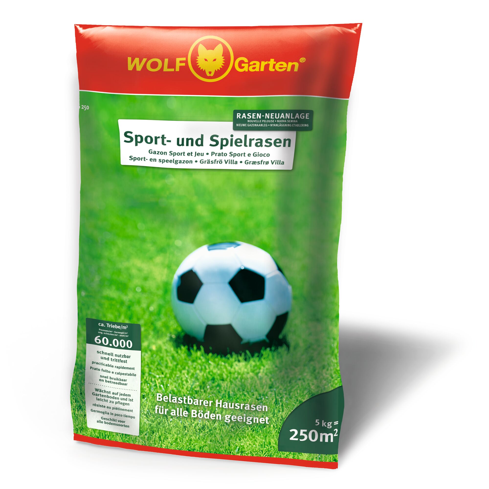 A bag of WOLFGarten Sport and Play Lawn grass seed, showing a soccer ball on green grass. The packaging indicates it is suitable for 250 square meters and weighs 5 kg. The product is intended for creating durable lawns for sports and play, suitable for all types of soil.