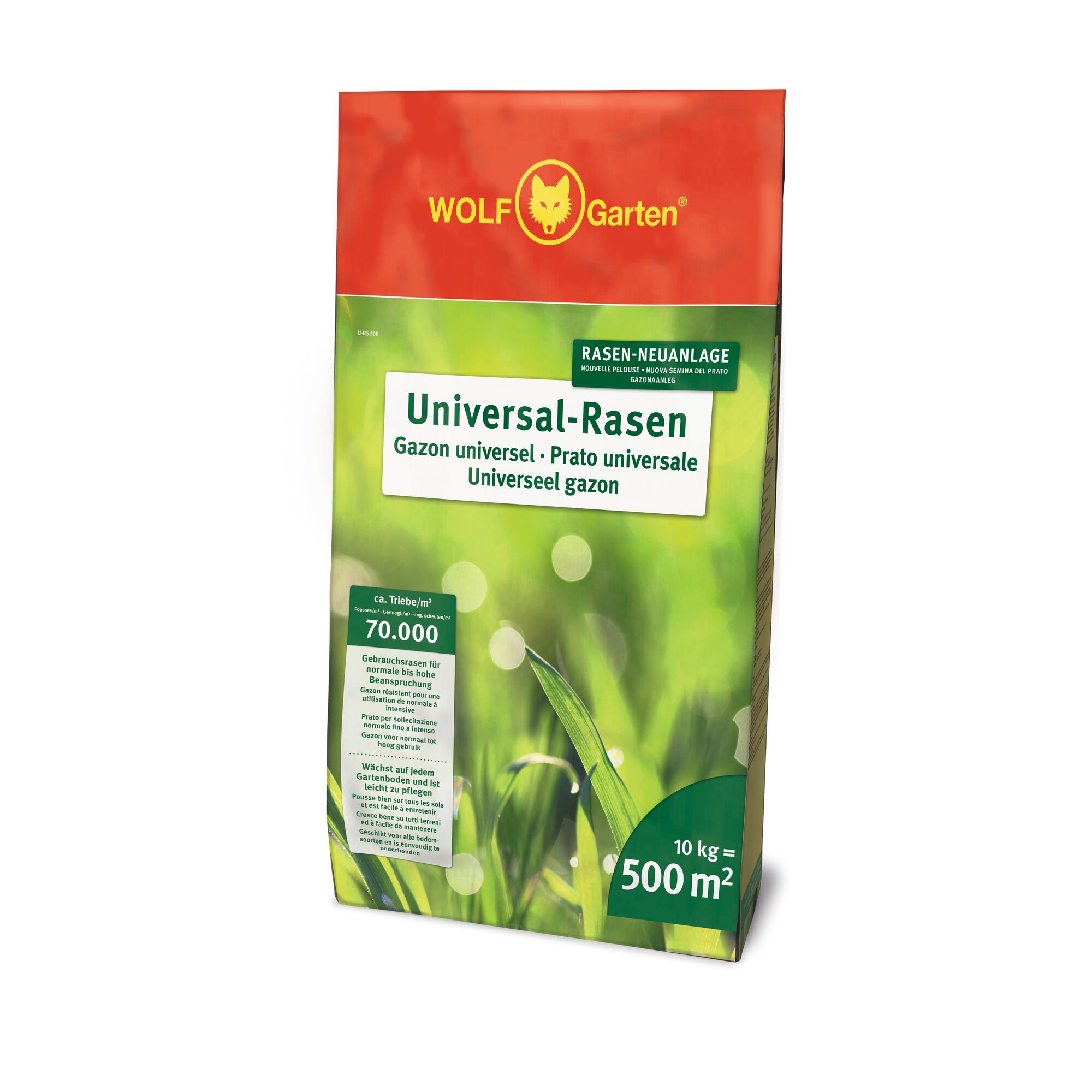 A bag of WOLF Garten Universal-Rasen universal lawn seed, with red and green packaging. The bag indicates coverage of 10 kg for 500 square meters. The product label features information in several languages and an image of green grass.