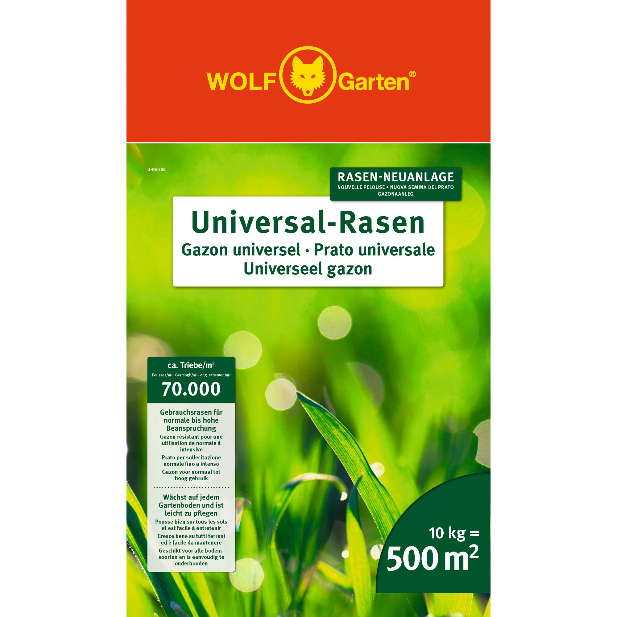 Front packaging of WOLF Garten Universal-Rasen lawn seed, featuring bright red and green colors. The text highlights that it is universal lawn seed suitable for various uses, covering up to 500 square meters with 10 kg. The packaging includes multilingual descriptions and the WOLF Garten logo at the top with a fox graphic.