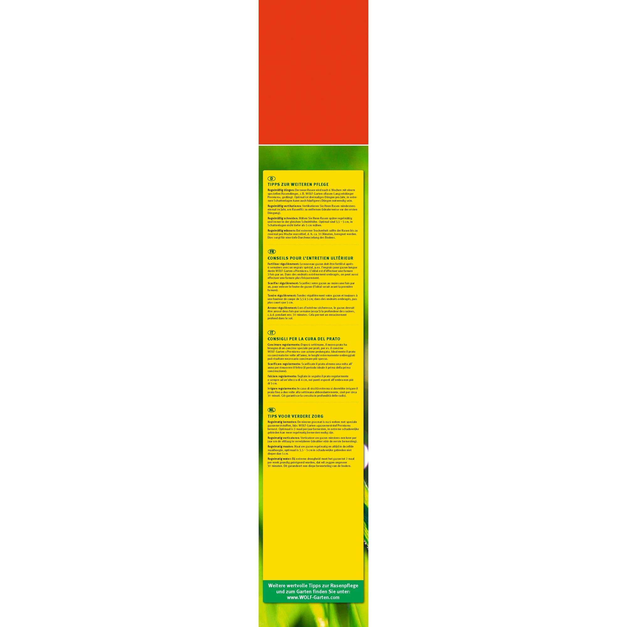 A vertical product packaging strip with a red top section and a yellow middle section containing care tips for lawns in German, French, Italian, and Dutch. The bottom section has a green background with white text, suggesting more lawn care tips available at the WOLF-Garten website.