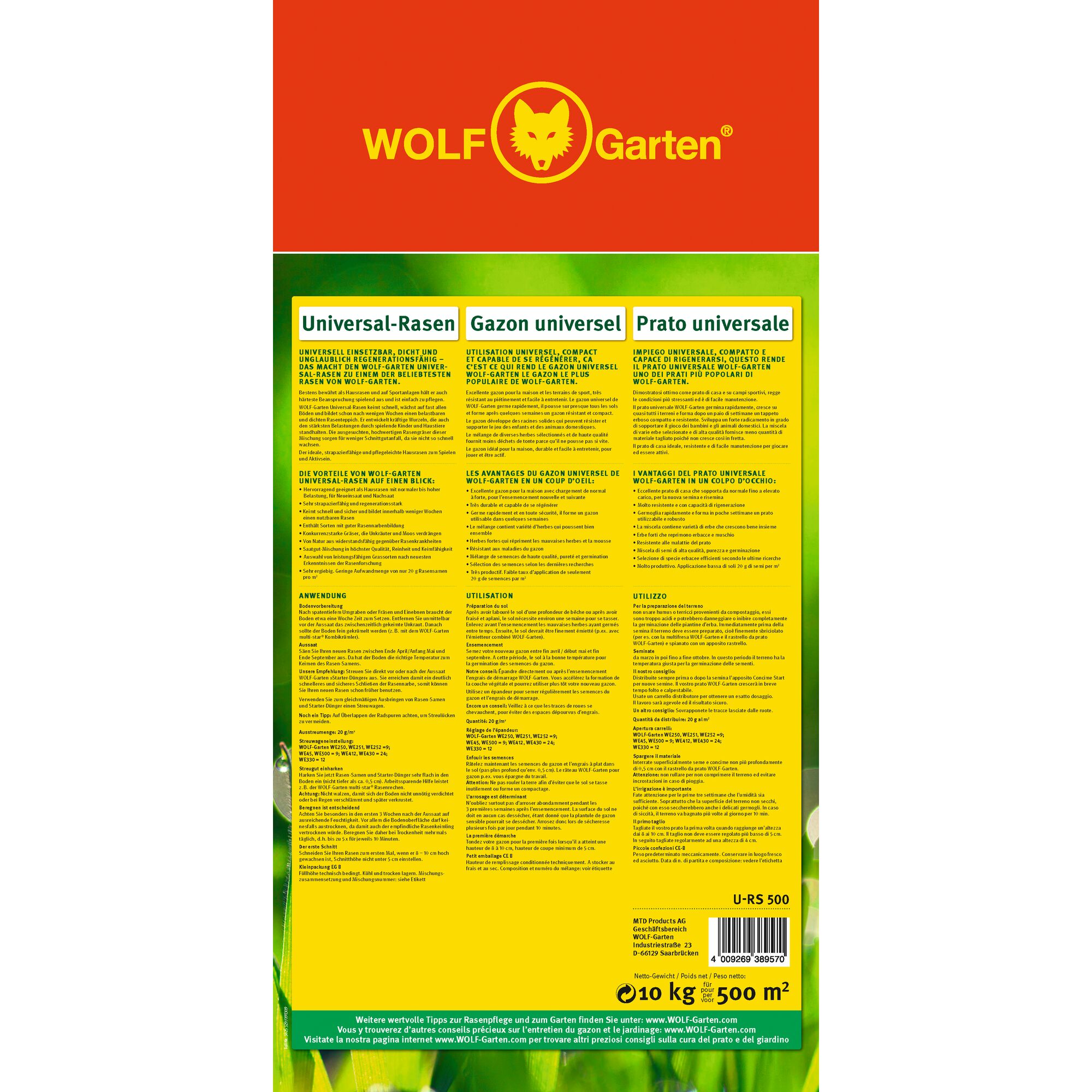 Product packaging for WOLF-Garten universal lawn seed, showing a red and yellow design with the brand logo at the top and detailed information about usage and benefits in German, French, and Italian. The packet includes a weight of 10 kg and coverage for 500 m².