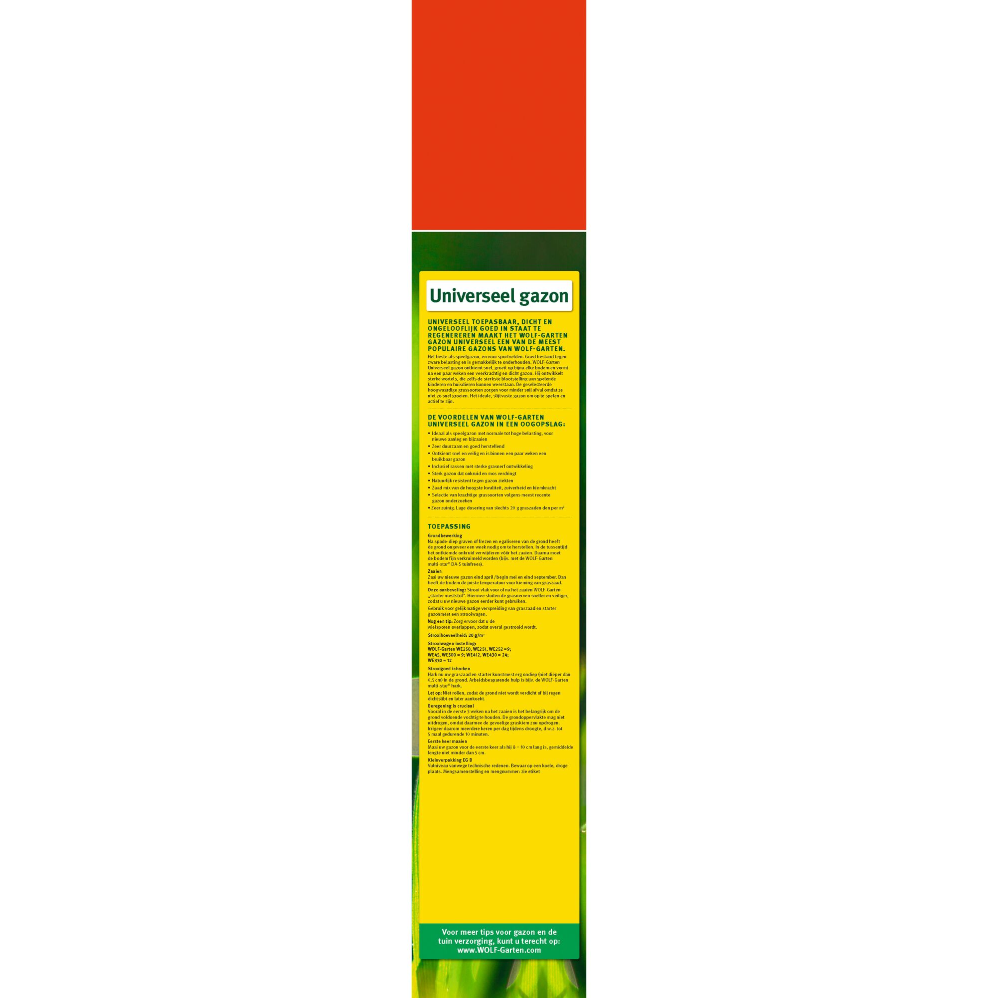 Vertical rectangular packaging with a red top and a yellow and green section below. The yellow section contains text in Dutch about a universal lawn product from WOLFGarten, including benefits and application instructions. The product appears to be related to lawn care.