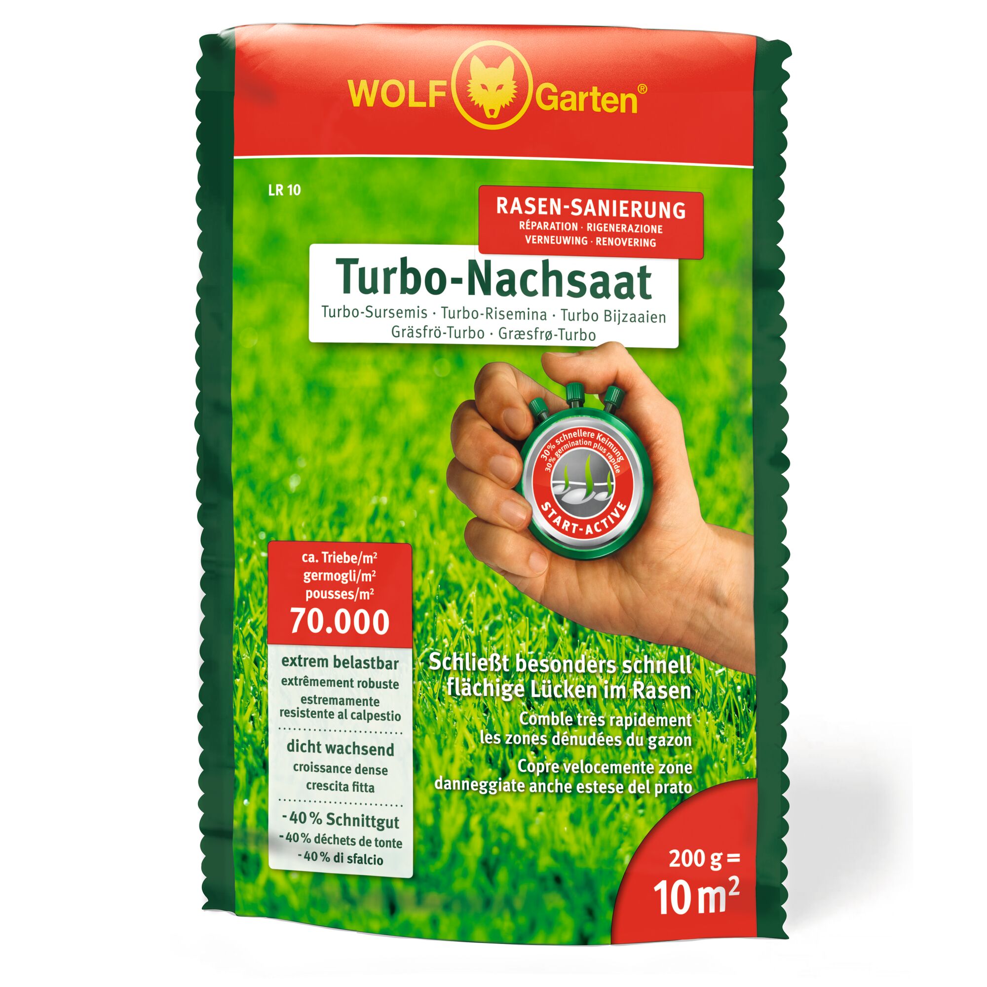WOLF Garten Turbo-Nachsaat lawn seed package for rapid lawn restoration, showing a stopwatch in a hand, green grass background, and product benefits such as high germination and dense growth.