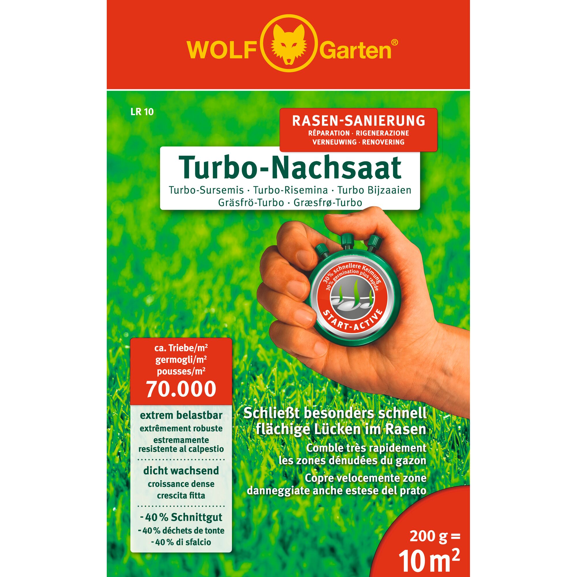 Product packaging for WOLFGarten Turbo-Nachsaat lawn repair seed. The package features a hand holding a stopwatch, highlighting quick regeneration, and covers up to 10 square meters with 200 grams. Multiple languages describe fast coverage of patchy areas, robust and dense growth, and reduced mowing waste.
