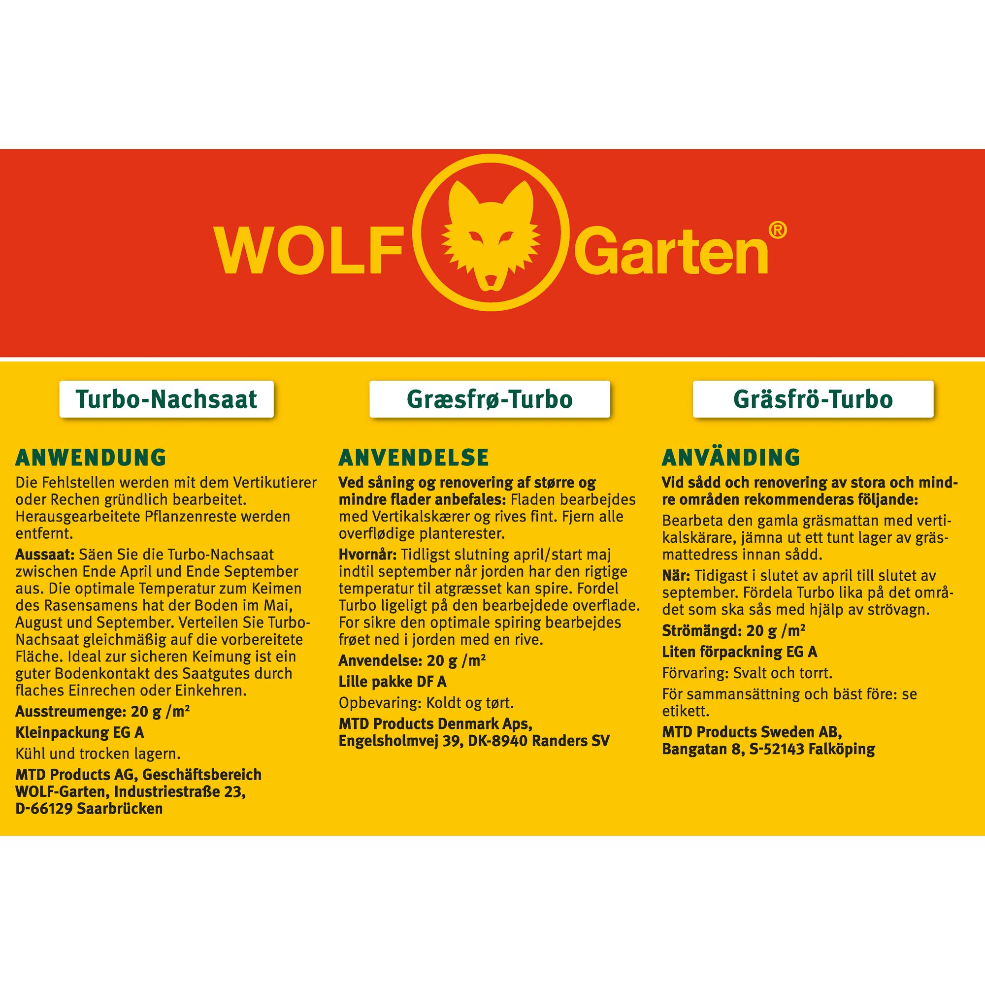 Product information sheet for WOLF Garten Turbo lawn seed, featuring usage instructions in German, Danish, and Swedish. The sheet includes the WOLF Garten logo at the top, and outlines steps for sowing, renovating lawns, optimal temperatures, application rates, and storage instructions. Addresses for manufacturer and distributors in Germany, Denmark, and Sweden are listed at the bottom.