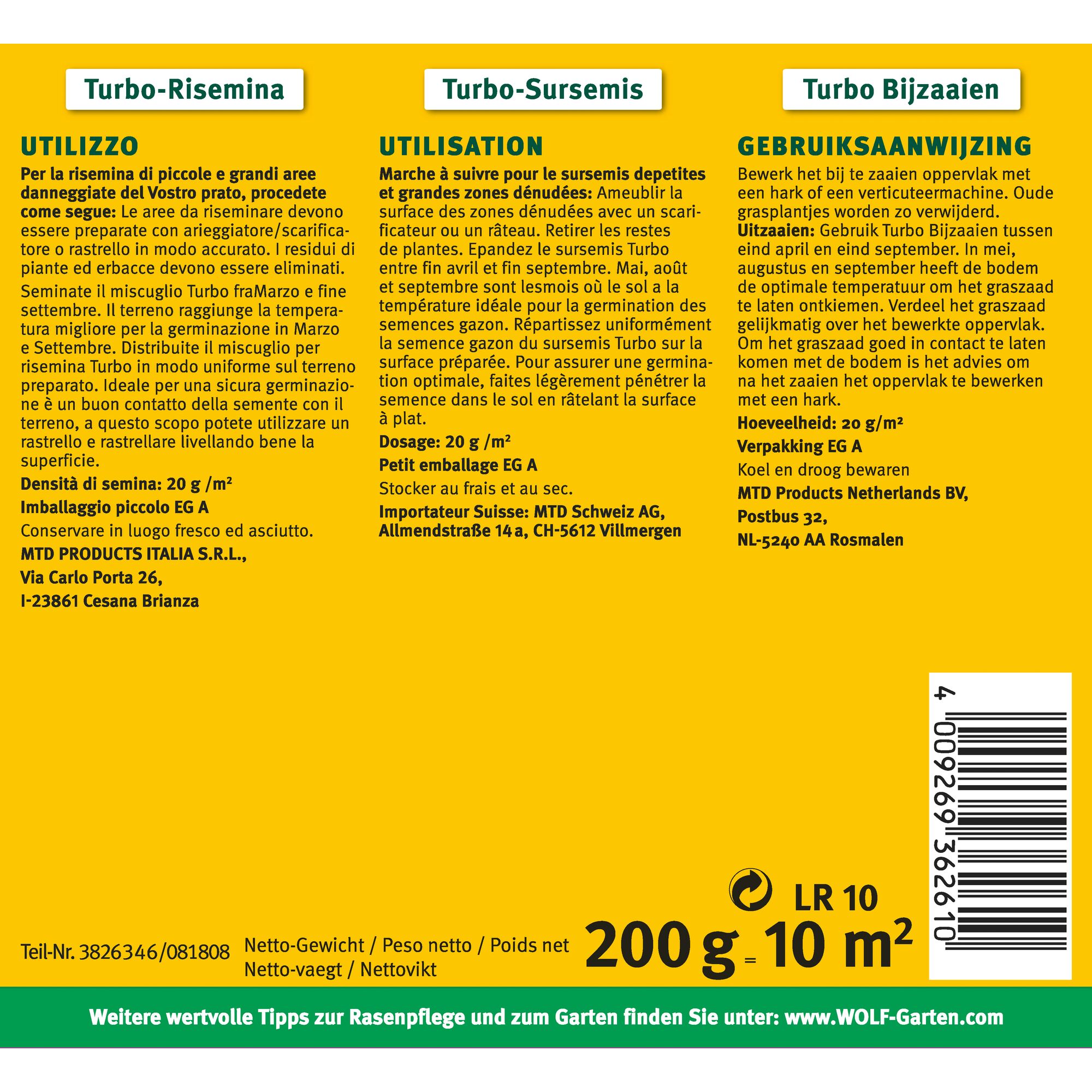 Packaging label for WOLF-Garten Turbo overseeding lawn product. It includes instructions in Italian, French, and Dutch for reseeding damaged lawn areas, specifying preparation steps, seeding density (20g per square meter), and storage instructions. The net weight is 200g, suitable for 10 square meters.