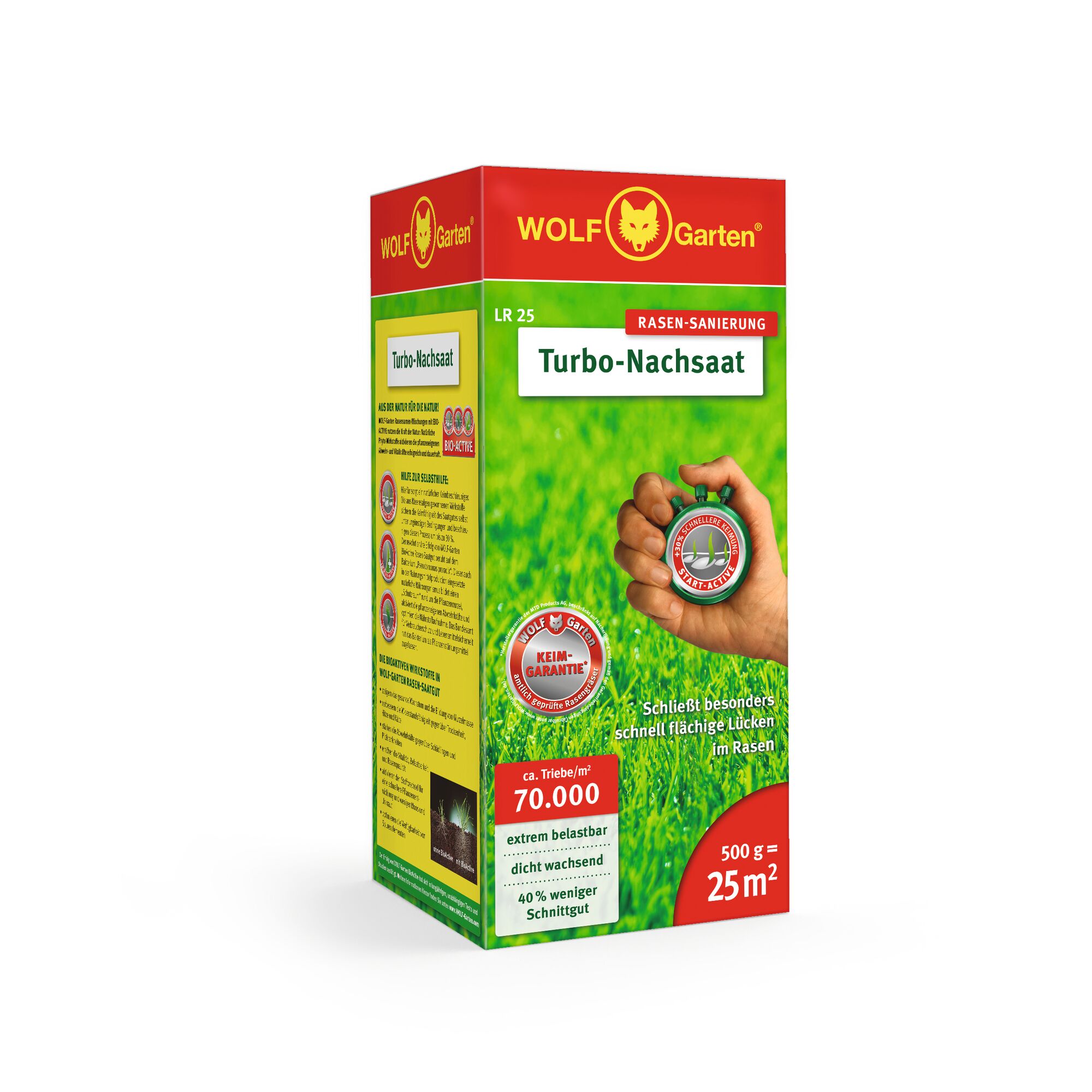 A rectangular box of WOLF Garten Turbo-Nachsaat LR 25 lawn repair seed, featuring a red, green, and yellow design. The front shows a hand holding a circular logo against a background of green grass, with text highlighting features such as quick coverage, germination guarantee, and coverage for 25 square meters with 500 grams.