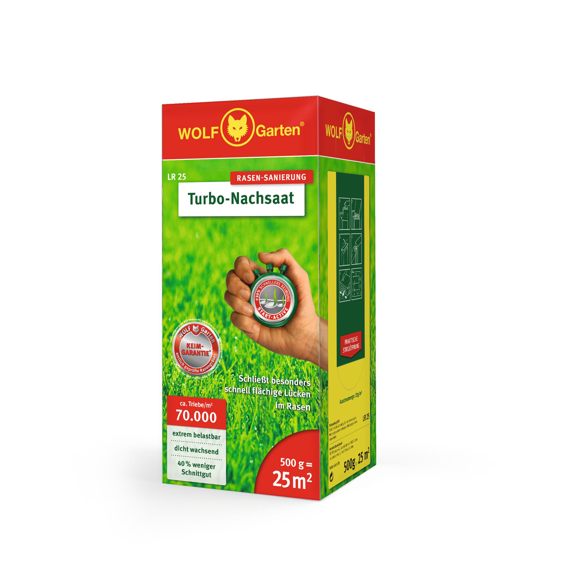 WOLFGarten Turbo-Nachsaat lawn repair product box, featuring bold red and green packaging with product details in German. The front shows a hand holding a circular badge and includes information about coverage area, growth density, and instructions.