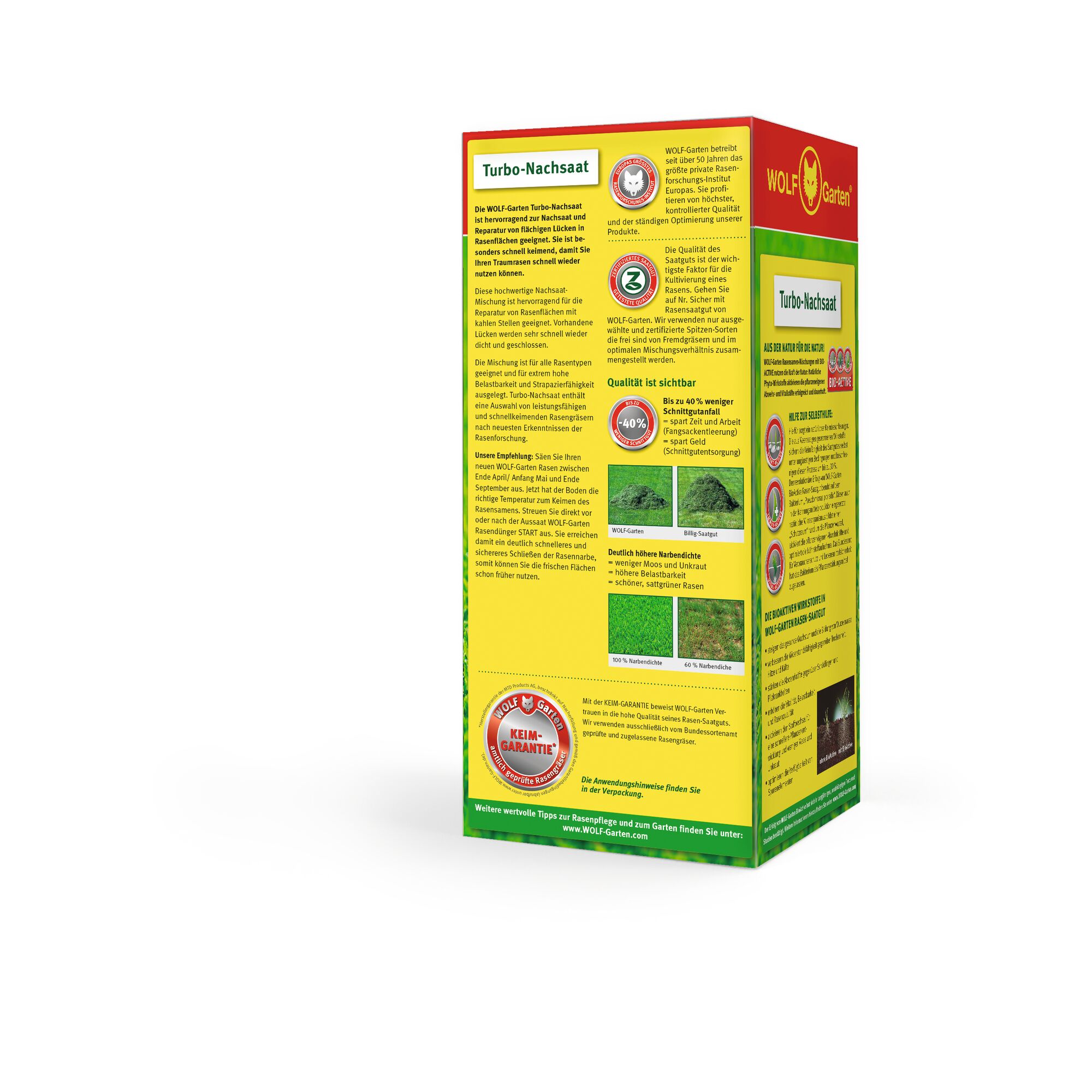 A photo shows a WOLFGarten Turbo-Nachsaat product package, which is a lawn seed product. The box is yellow with red accents and contains detailed information, instructions, and illustrations about the product features and benefits in German, including visible certification seals.