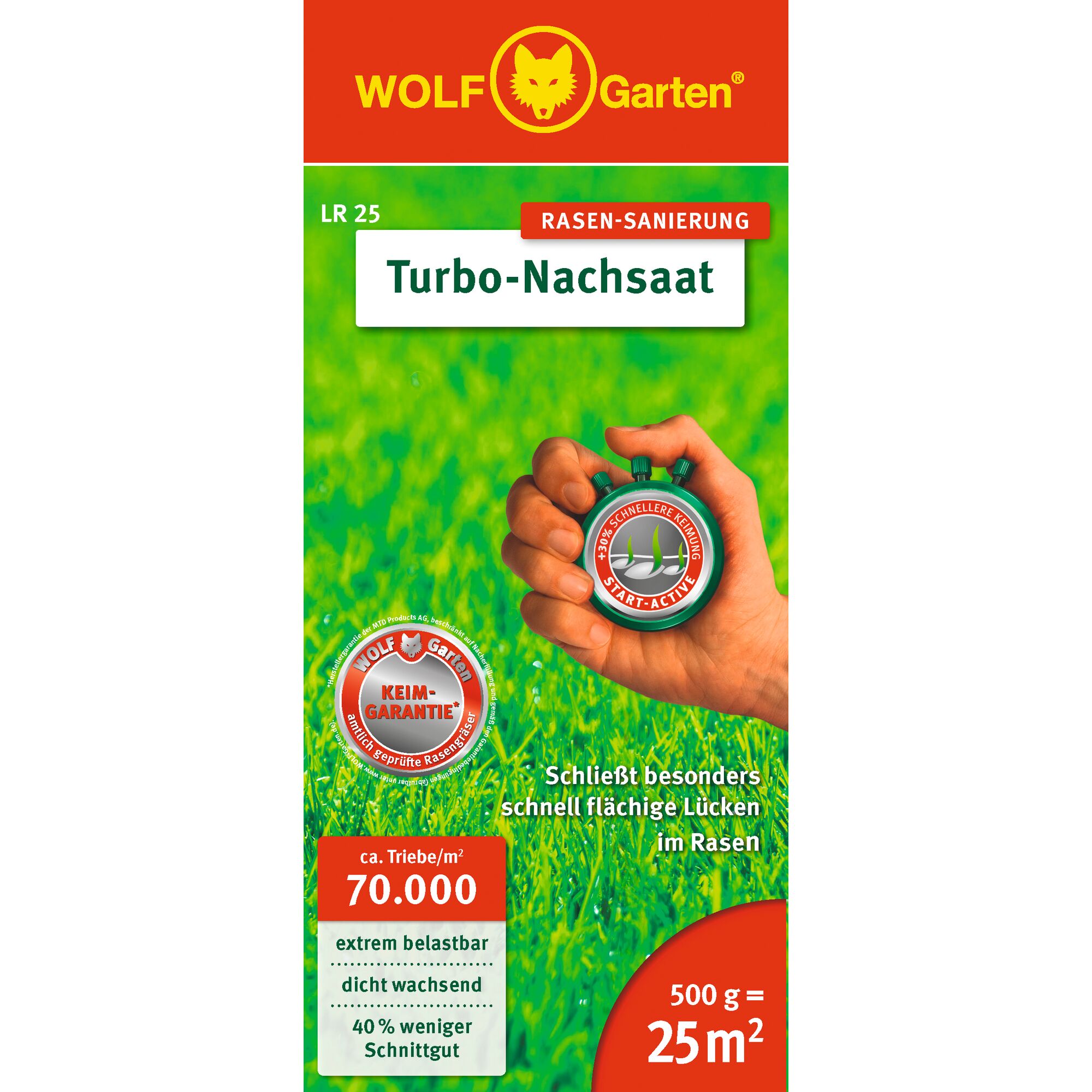 Packaging of WOLF-Garten Turbo-Nachsaat lawn repair seed, showing a hand holding a stopwatch over green grass. The box includes details such as 70,000 shoots per square meter, 500 g covers 25 m², and features rapid growth and high durability.