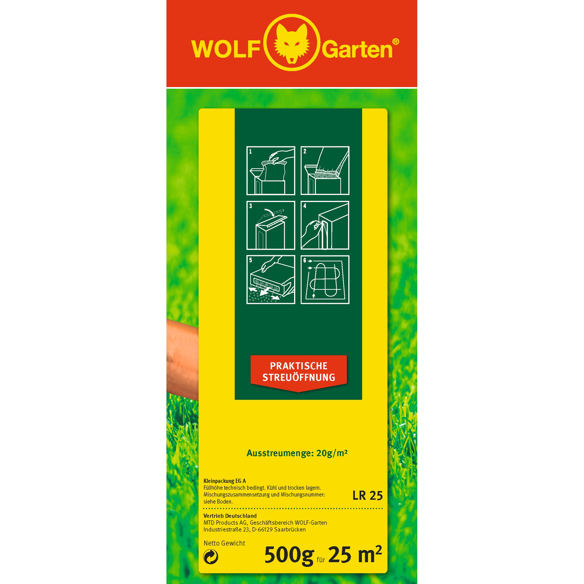 Front view of a WOLF-Garten product package with instructions for use shown in graphical steps. The packaging is yellow and green, with the WOLF-Garten logo at the top. Text includes practical spreading opening, spreading quantity of 20g/m², and a net weight of 500g for 25m².