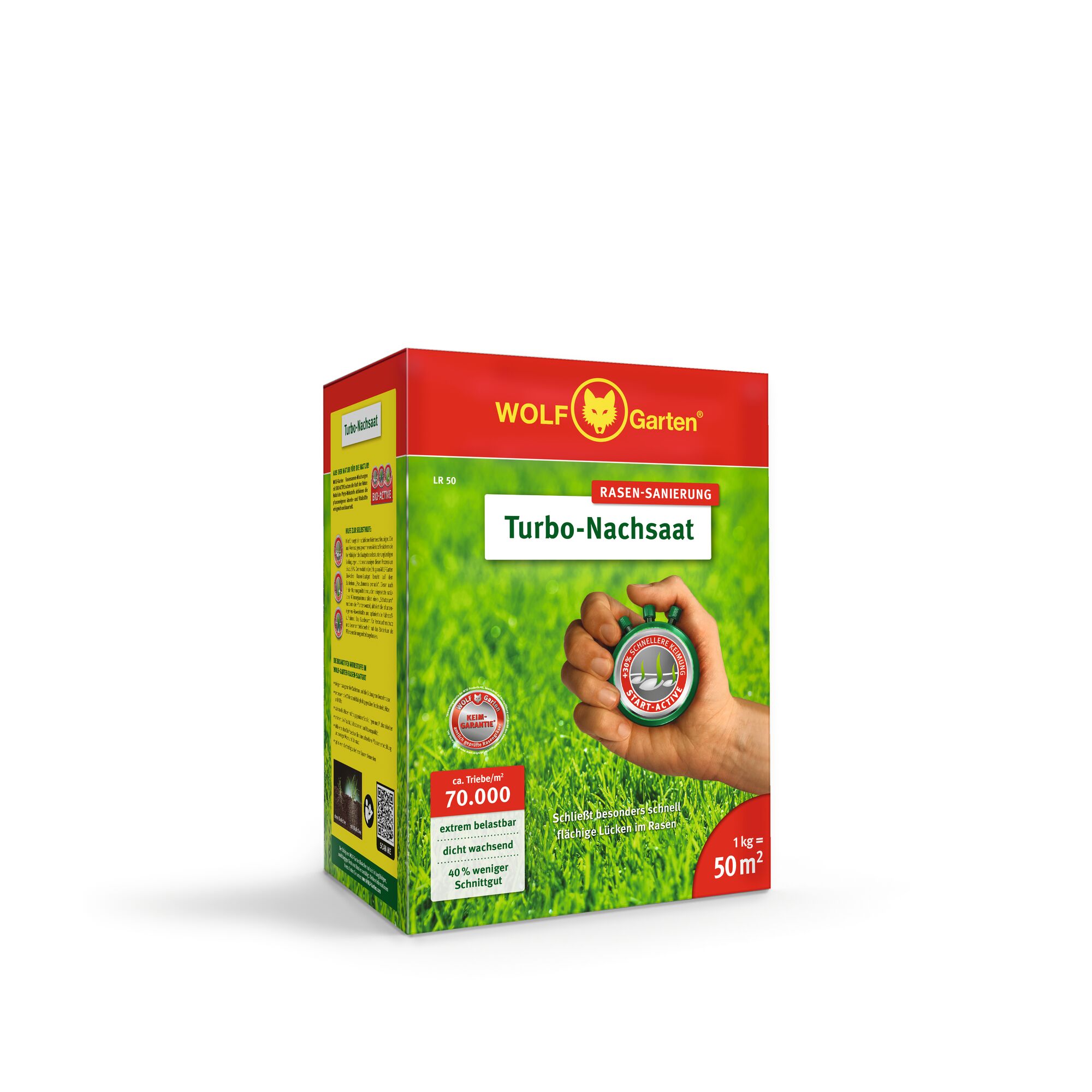 WOLFGarten Turbo-Nachsaat lawn seed box with red and yellow branding, showing a hand holding a stopwatch on green grass background. Product information highlights coverage of 50 square meters, 1 kg weight, and quick lawn restoration features.