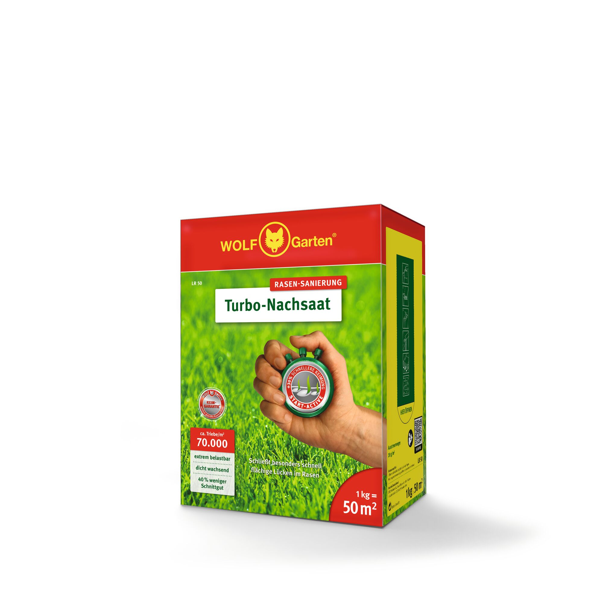 A box of WOLF Garten Turbo lawn overseeding product, featuring bright red and green packaging with a hand holding a stopwatch shown on the front. Text describes that it covers 50 square meters, weighs 1 kg, and is for repairing lawns.