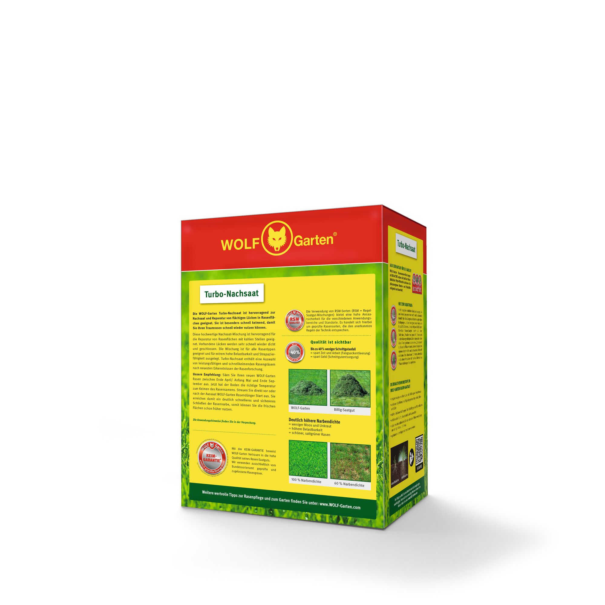 Box of WOLF Garten Turbo-Nachsaat lawn seed, featuring red and yellow packaging with brand logo and product information visible on the front and side.