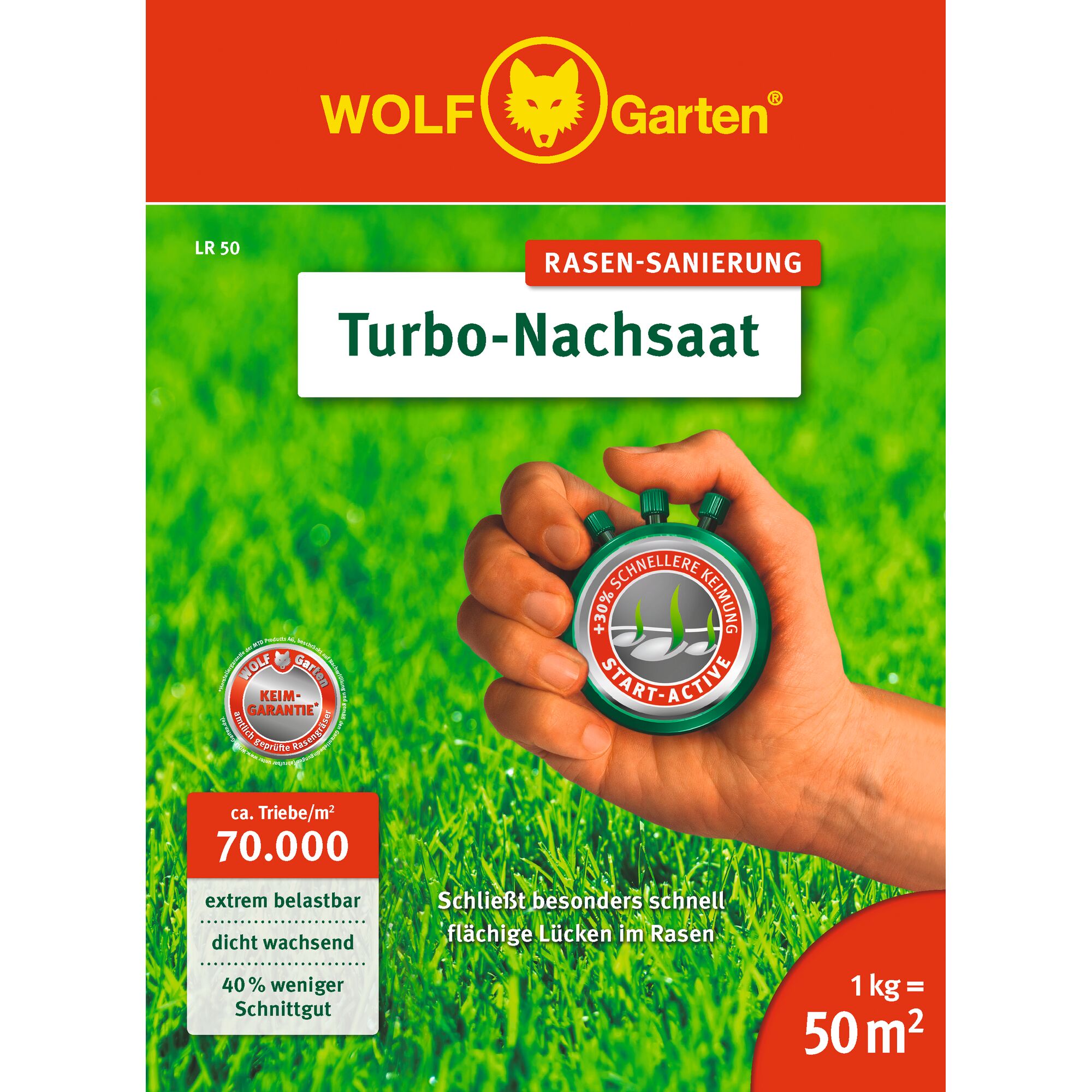 Packaging of WOLFGarten Turbo-Nachsaal lawn renovation product, showing a hand holding a green stopwatch over green grass. The packaging highlights features such as rapid germination, dense growth, high durability, and coverage for 50 square meters per kilogram.