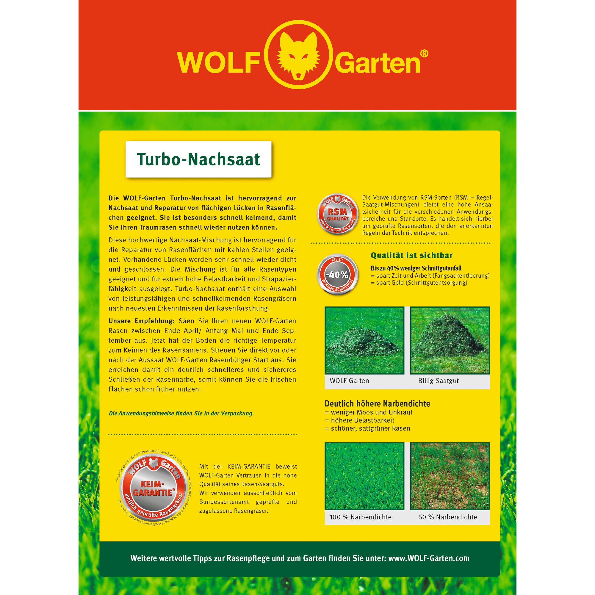 Product info sheet for WOLF-Garten Turbo-Nachsaat shows details for lawn seed used for repairing and reseeding lawns. The sheet features the WOLF-Garten logo at the top, product features, instructions, quality guarantee, comparison photos of lawn density, and icons for certification. Main colors are red and yellow. Text is primarily in German.