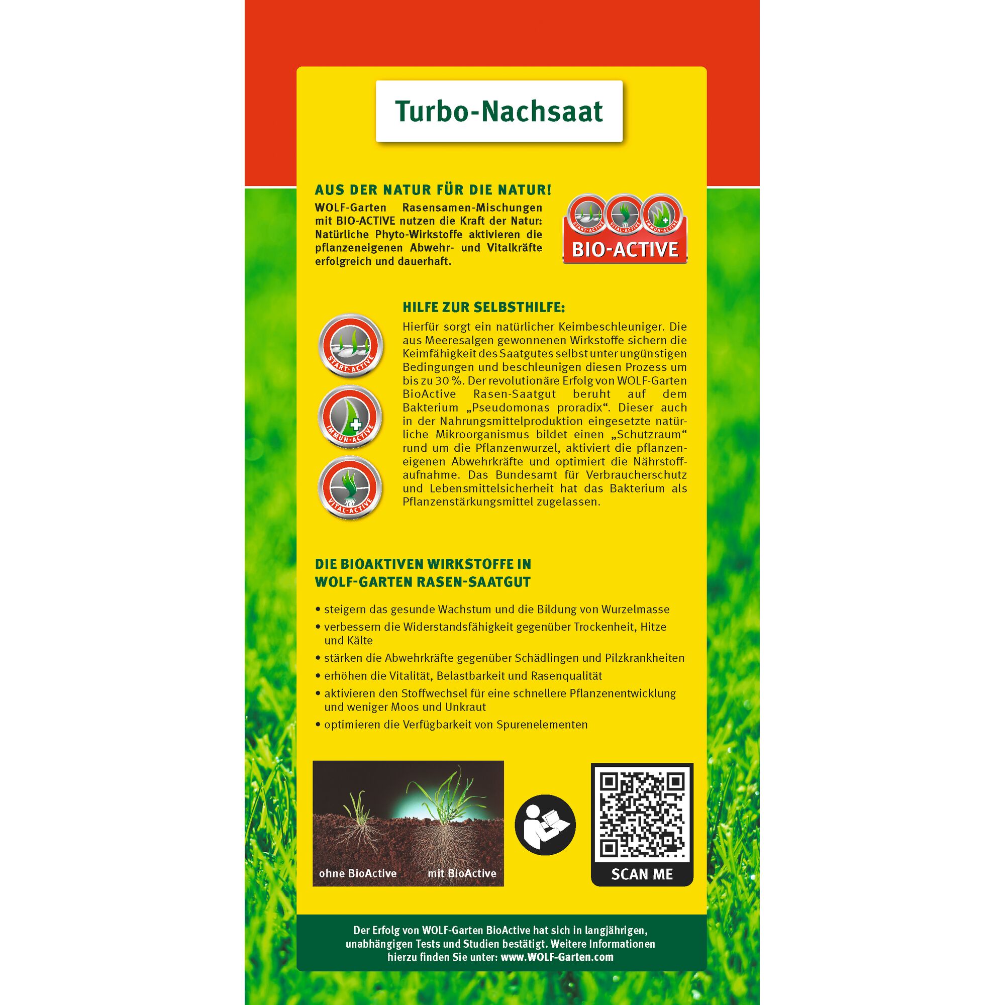 Product packaging for WOLF-Garten Turbo-Nachsaat lawn seed. The label describes the product's bio-active features, which promote healthy growth, activate plant defense and vitality, and increase resistance against drought, heat, and cold. The packaging contains instructions and benefits of using bio-active substances and includes a QR code for more information.