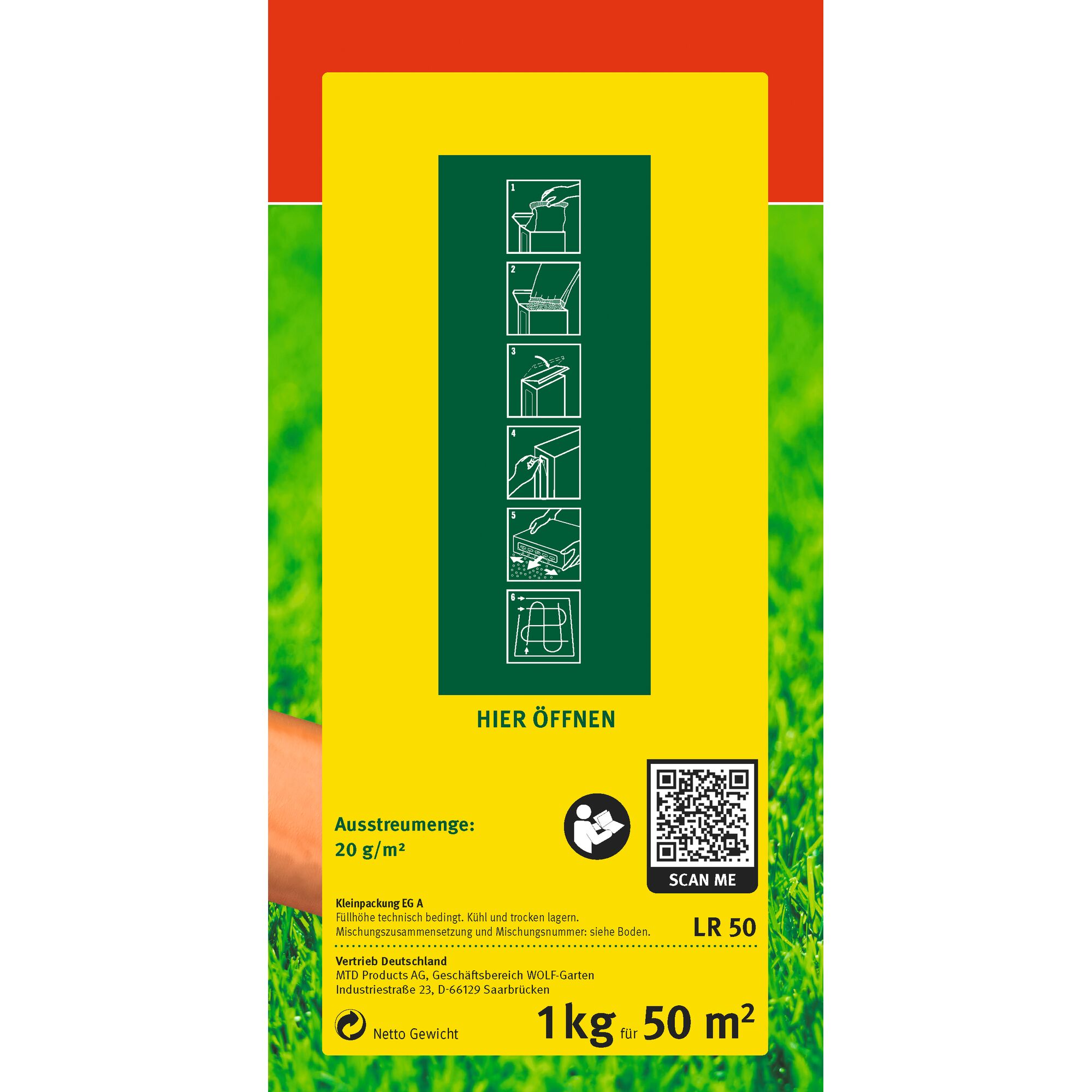 Front packaging of a WOLFGarten product, mainly yellow with red and green accents. The image contains illustrated instructions for use, details about distribution rate (20 g/m²), net weight (1 kg for 50 m²), a QR code, and product information in German. The bottom features a graphic of grass.