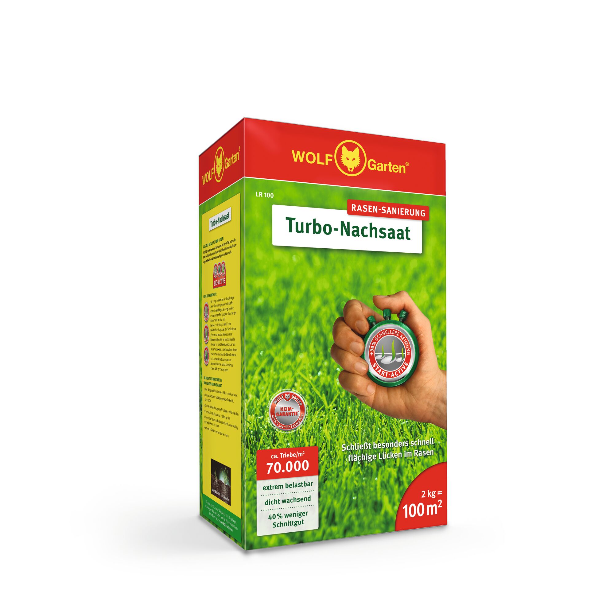 A box of WOLF Garten Turbo-Nachsaat lawn repair seed, featuring bright red and green packaging. The front shows a hand holding a badge over lush green grass, with product information highlighting rapid lawn regeneration and coverage for 100 m².