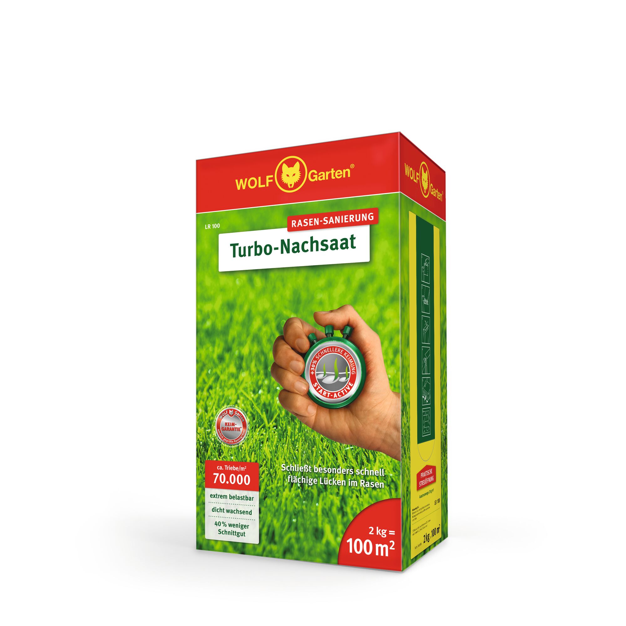 A box of WOLFGarten Turbo-Nachsaat lawn renovation seed. The packaging is predominantly green and red, featuring a stopwatch held in a hand, with details about coverage area and durability on the front.