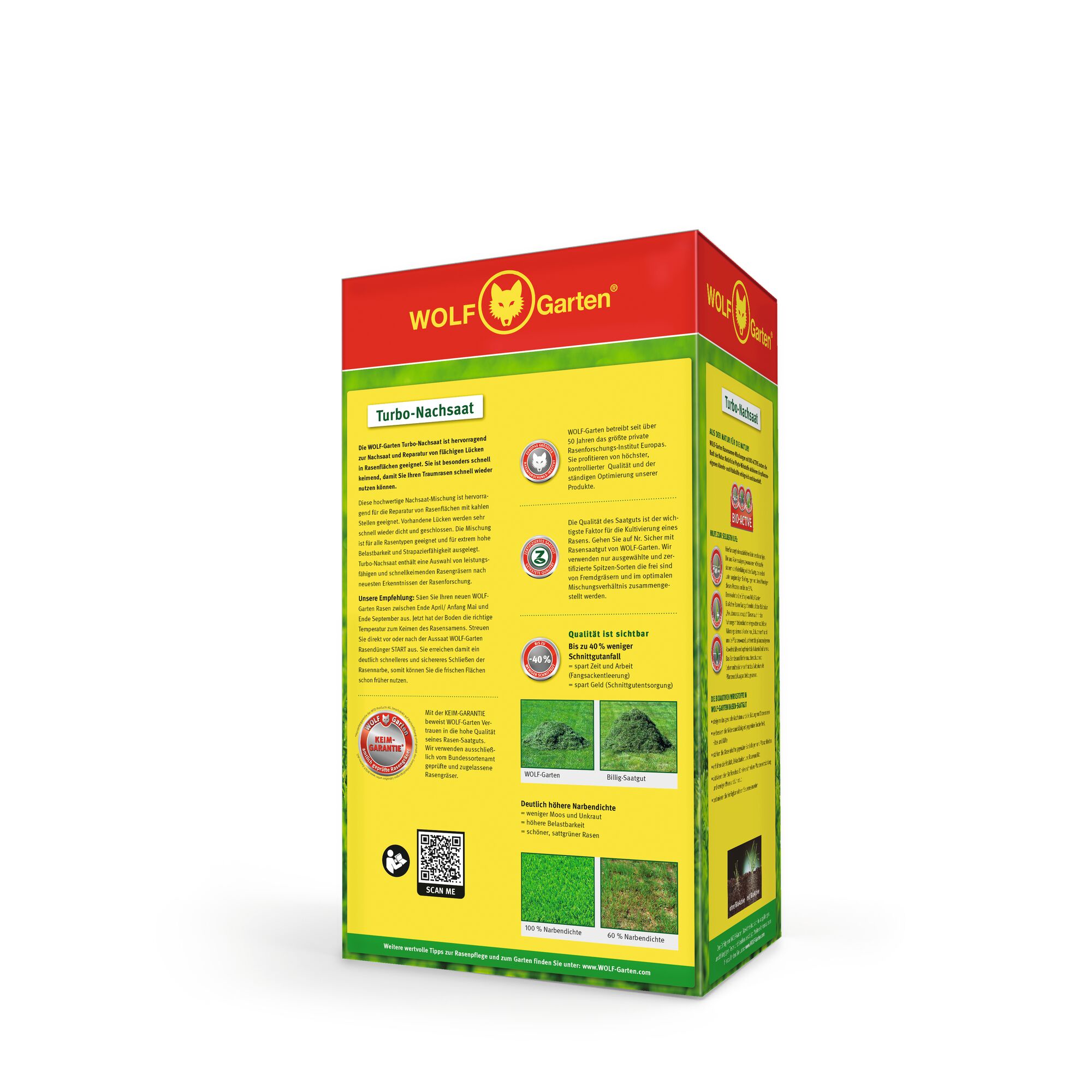 A rectangular box of WOLF-Garten Turbo Nachsaat lawn seed, featuring vibrant red and yellow branding with green panels. The front and side of the packaging show product information, quality seals, a QR code, and comparative images of lawn results.