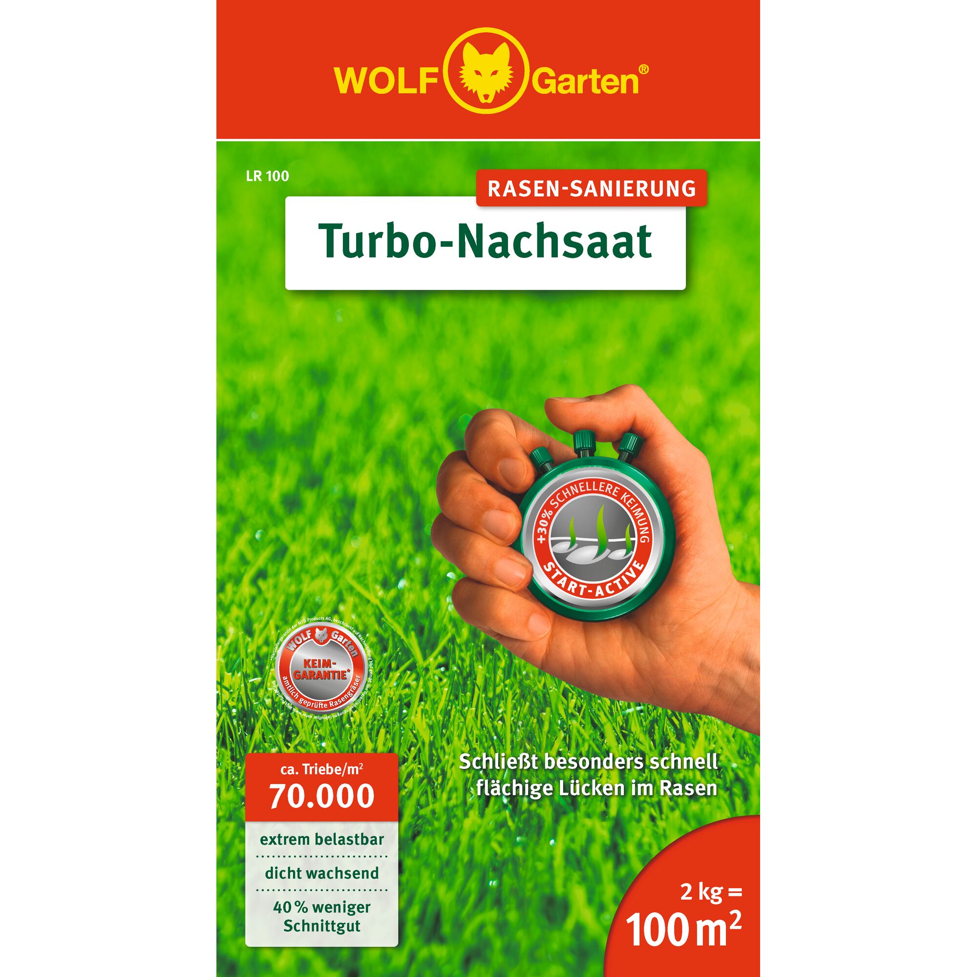 Front packaging of WOLF Garten Turbo-Nachsaat lawn renovation product. The image shows a hand holding a stopwatch over green grass. Text highlights seed guarantee, fast growth, and coverage for 100 square meters with 2 kg. Key features include 70,000 sprouts per m², durable, dense growth, and 40% less clippings.