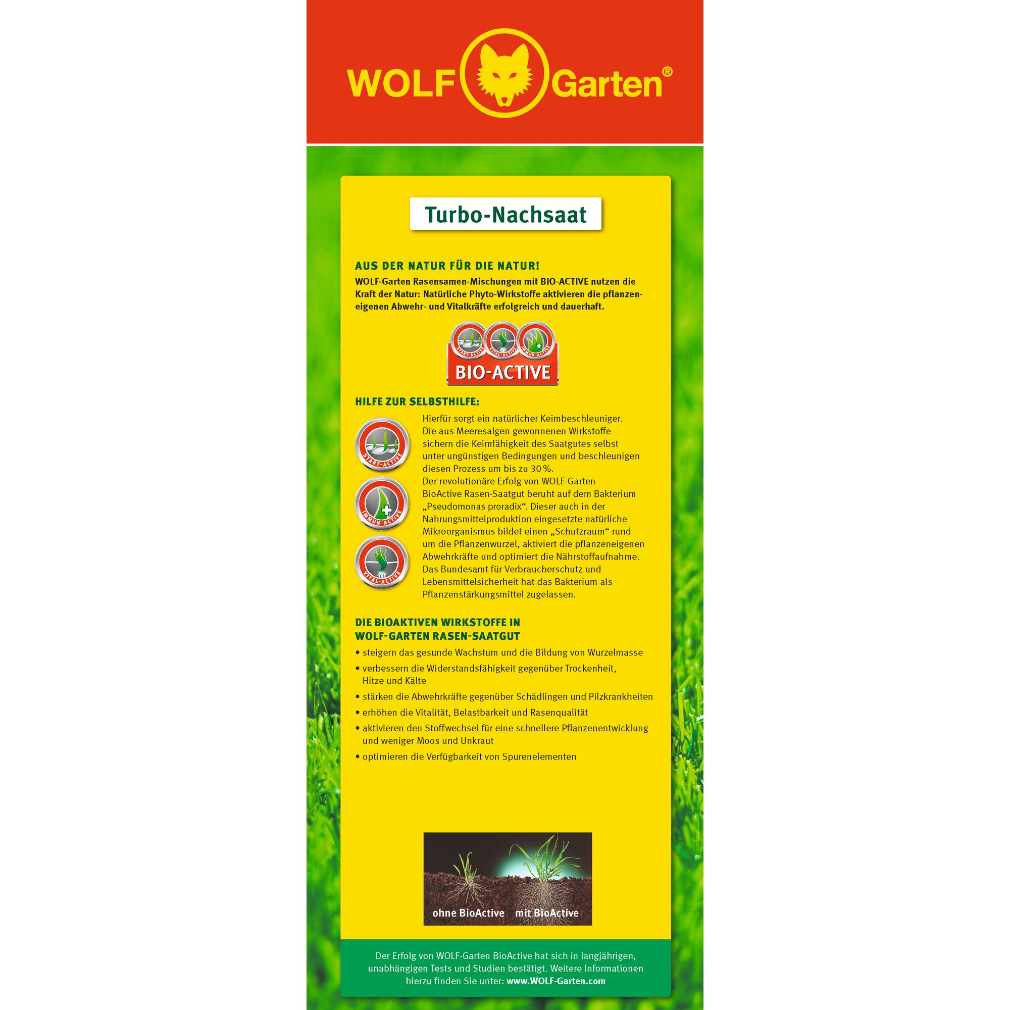 Packaging of WOLF Garten Turbo-Nachsaat lawn seed with BIO-ACTIVE. The front shows the brand logo at the top, followed by information about the product's natural active ingredients, benefits for germination and plant health, and a comparison image of grass with and without BioActive. Detailed descriptions in German explain the advantages of using this seed for lawn care.