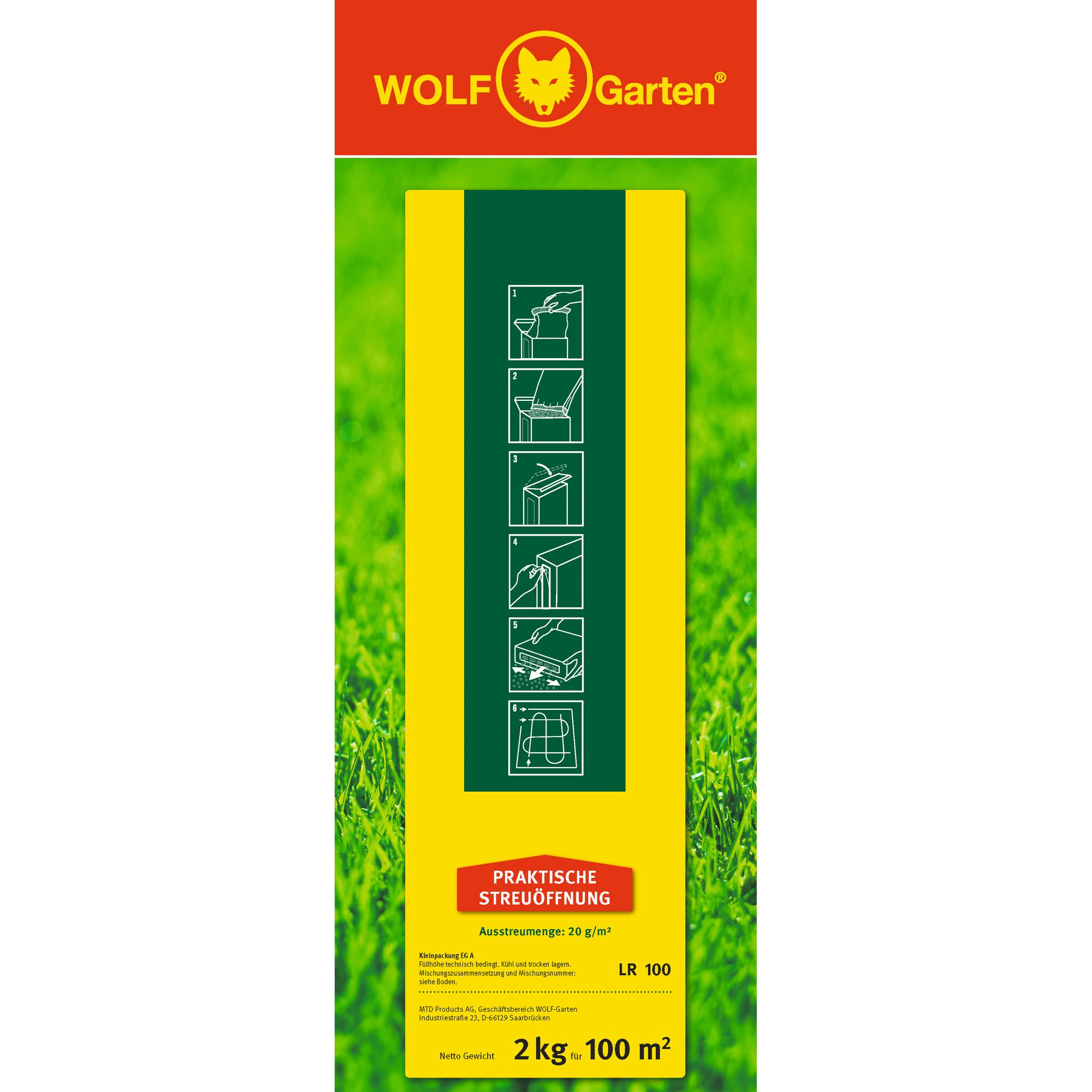 Product packaging for WOLF Garten LR 100, a lawn care product. The packaging is yellow and green with a red section at the top displaying the WOLF Garten logo. The front features illustrations showing instructions for use and mentions a practical spreading opening. The bag contains 2 kg, suitable for 100 m².
