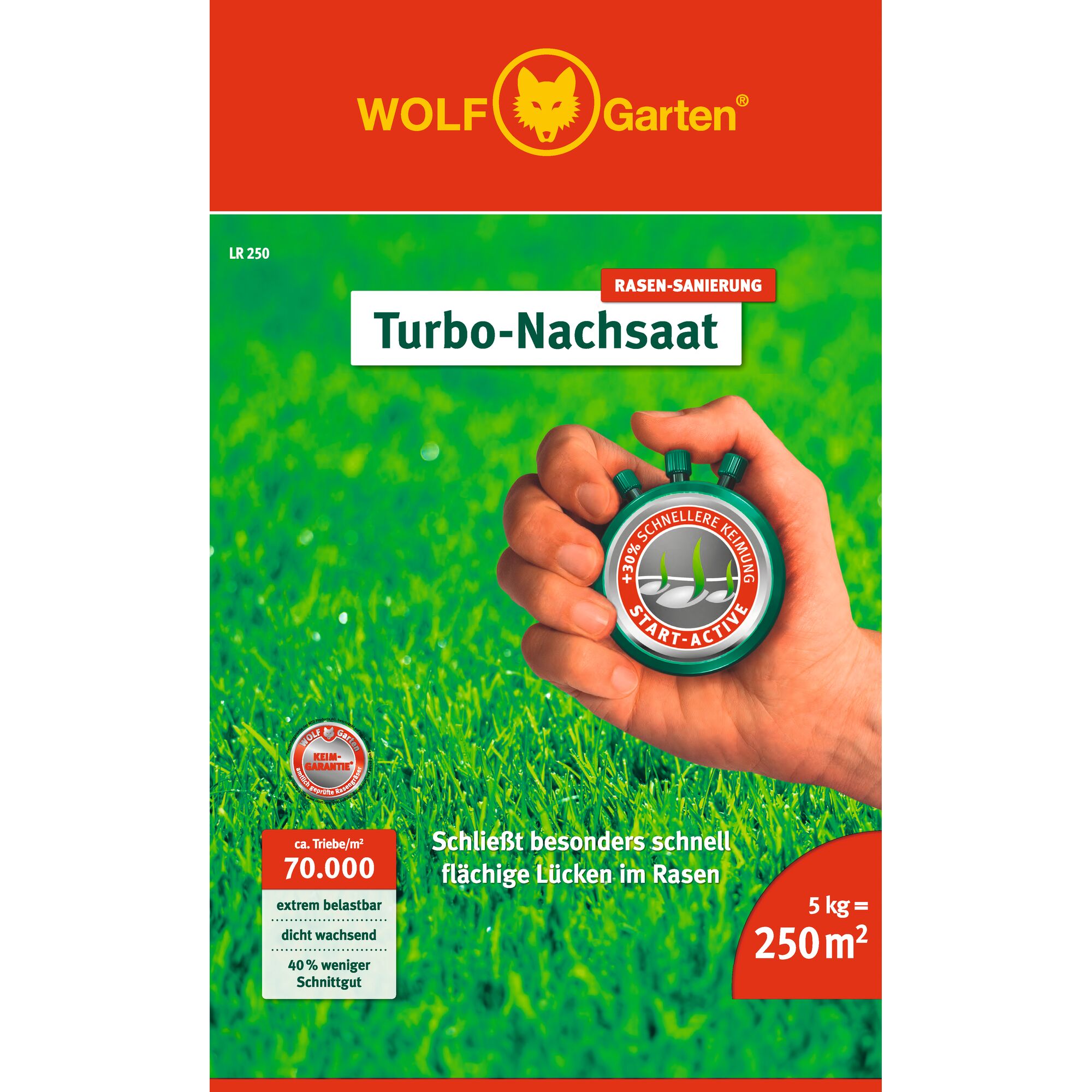 Packaging of WOLF-Garten Turbo-Nachsaat lawn grass seed featuring a hand holding a stopwatch on a background of green grass. The pack indicates fast growing grass for lawn renovation, covers 250 square meters with 5 kg, and promises up to 70,000 shoots per square meter.