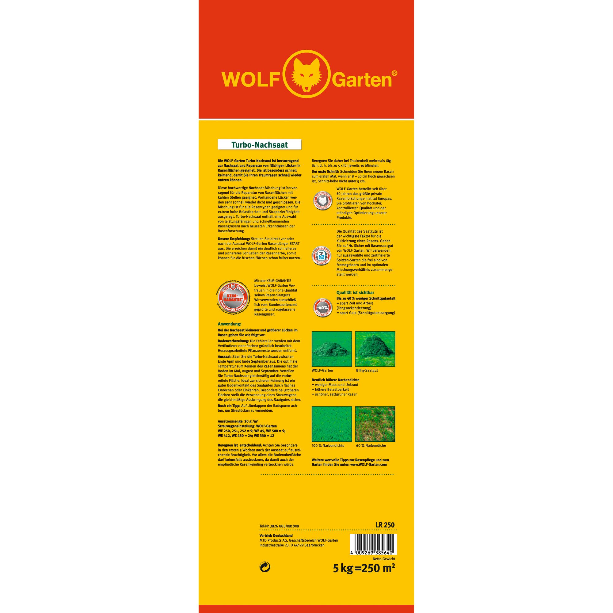 Back packaging of WOLF Garten Turbo-Nachsaat lawn reseeding product, showing detailed instructions, quality seals, product information, images of lawn results, and coverage area of 5 kg = 250 m². The background is mainly yellow with red branding at the top.