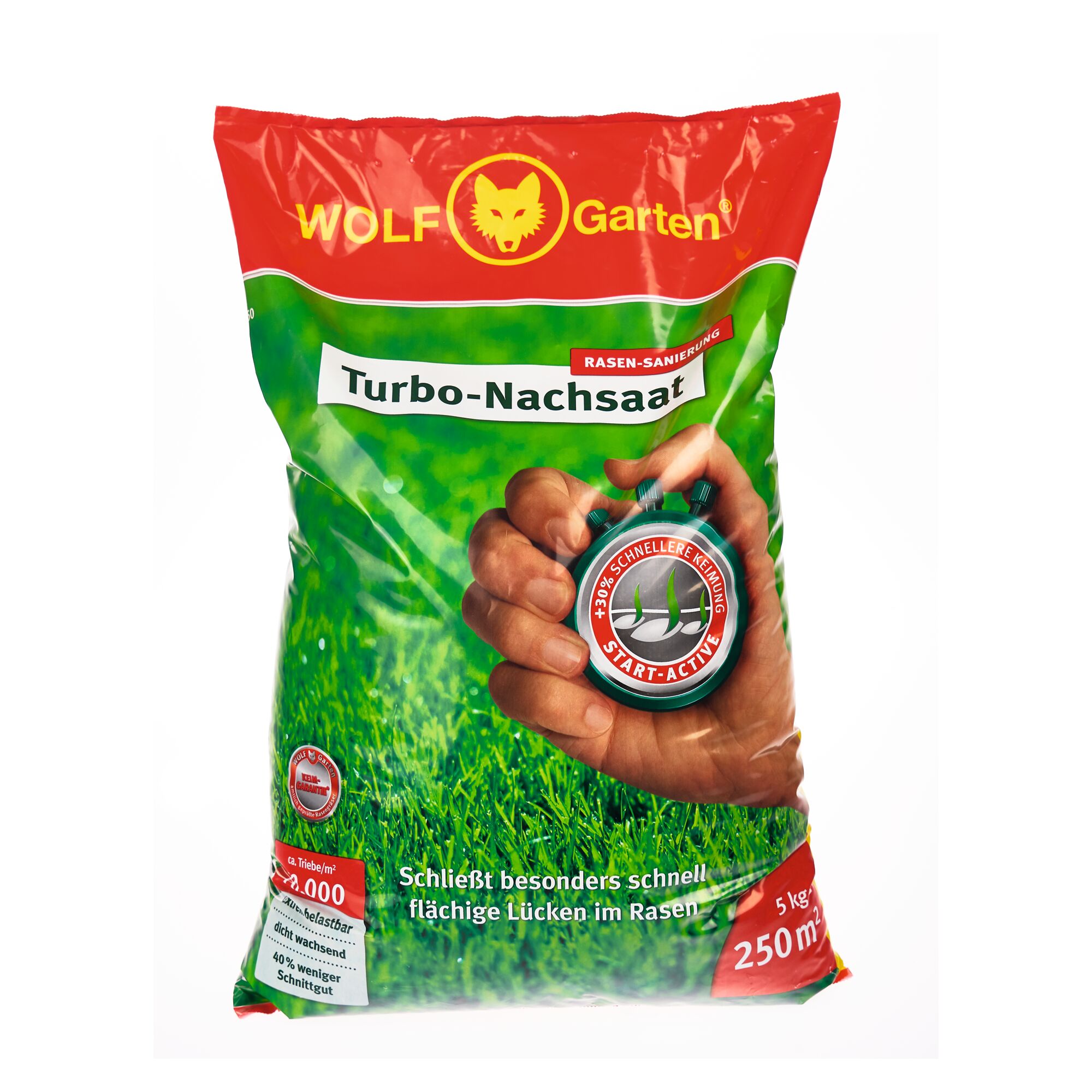 Bag of WOLF-Garten Turbo-Nachsaat lawn seed with a green and red design featuring a stopwatch and a hand, indicating fast-growing seed, and information about coverage and weight.