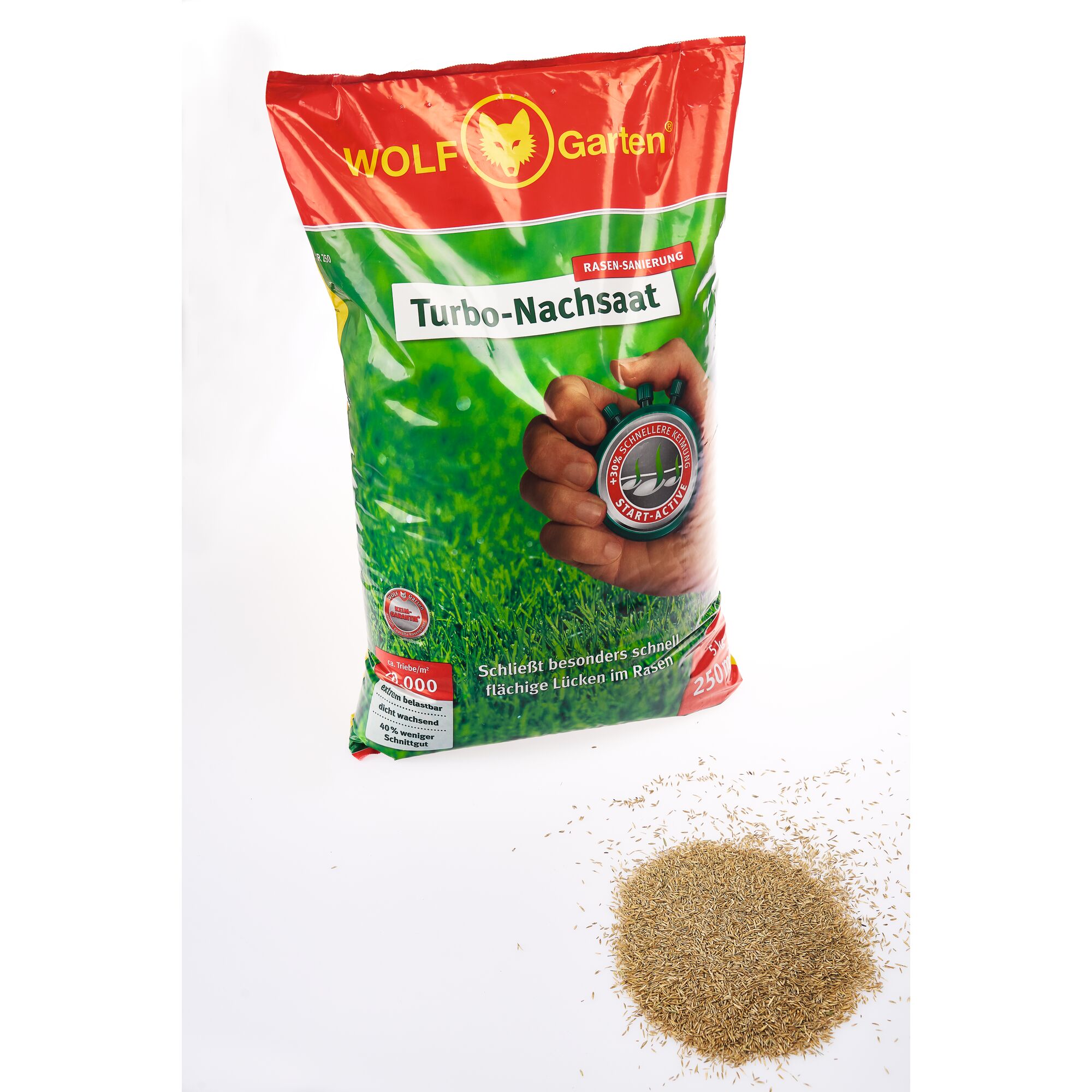 A bag of WOLF Garten Turbo-Nachsaat lawn repair seed is shown standing upright. The packaging is red and green with branding and a hand holding a stopwatch graphic. Next to the bag, there is a small pile of loose grass seed on a white background.