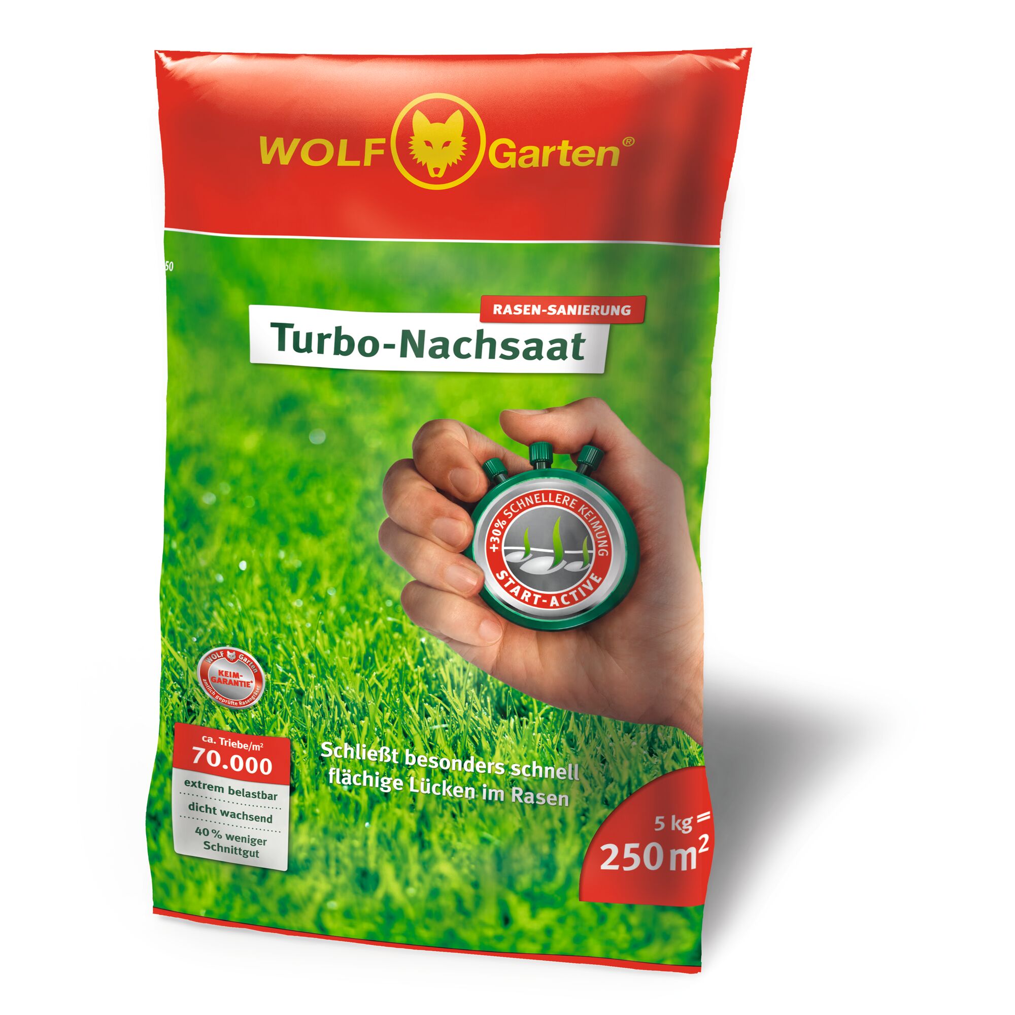 A bag of WOLF-Garten Turbo-Nachsaat lawn seed. The packaging is red and green, showing a hand holding a stopwatch, symbolizing quick germination. The bag is labeled as suitable for lawn repair, covers 250 square meters with 5 kg contents, and highlights fast results and dense growth.