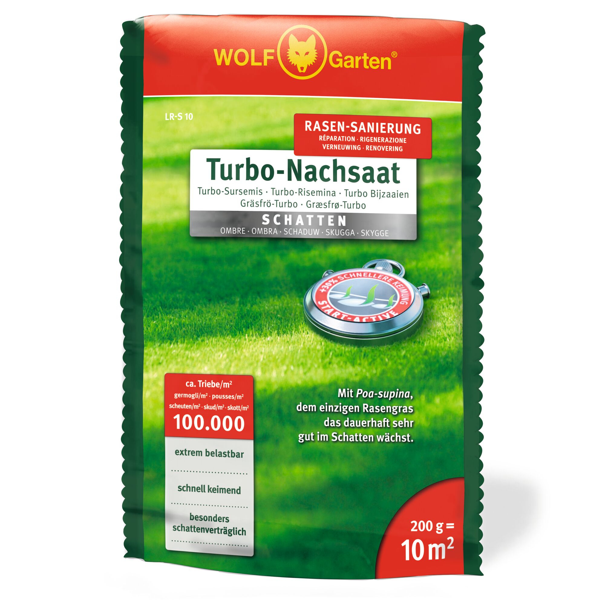 A bag of WOLF Garten Turbo-Nachssaat lawn seed for shade areas. The packaging is predominantly red and green, displaying the WOLF Garten logo at the top and various product information including 200 grams coverage for 10 square meters and descriptions emphasizing fast germination and suitability for shaded areas.