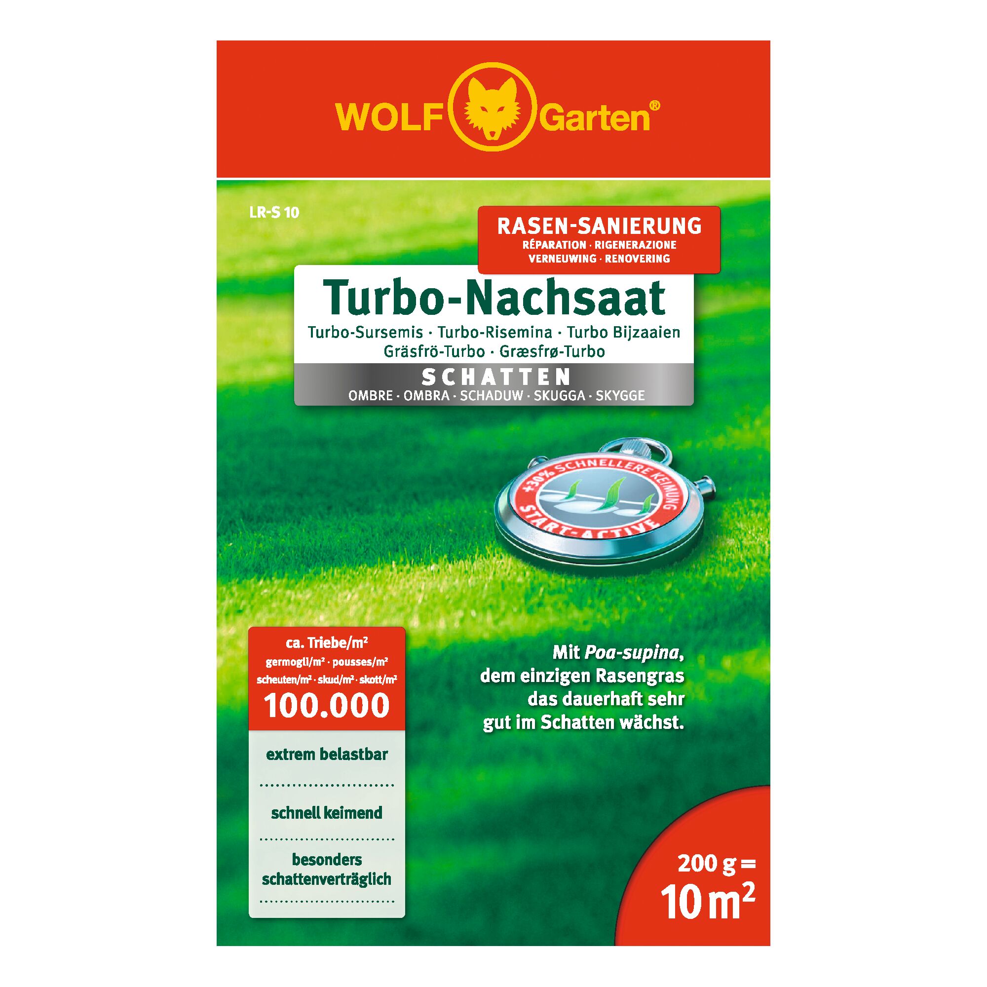 A bag of WOLF Garten Turbo-Nachssaat lawn seed for shade areas. The packaging is predominantly red and green, displaying the WOLF Garten logo at the top and various product information including 200 grams coverage for 10 square meters and descriptions emphasizing fast germination and suitability for shaded areas.