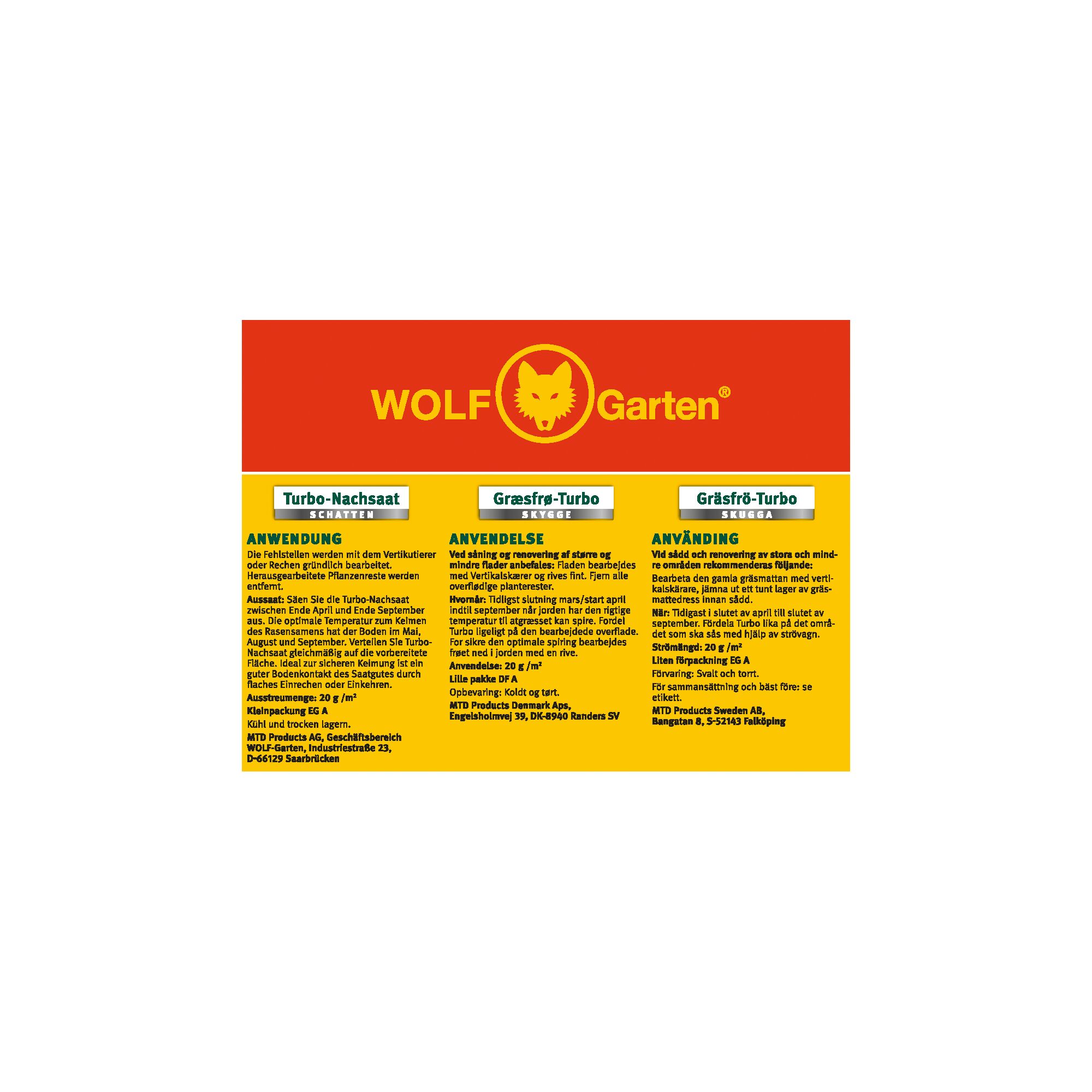 Image of a WOLFGarten product information label featuring instructions for use in German, Danish, and Swedish languages. The label has a red and yellow color scheme with the wolf logo in the center, and details for 'Turbo-Nachsaat', 'Græsfro-Turbo', and 'Gräsfrö-Turbo'.