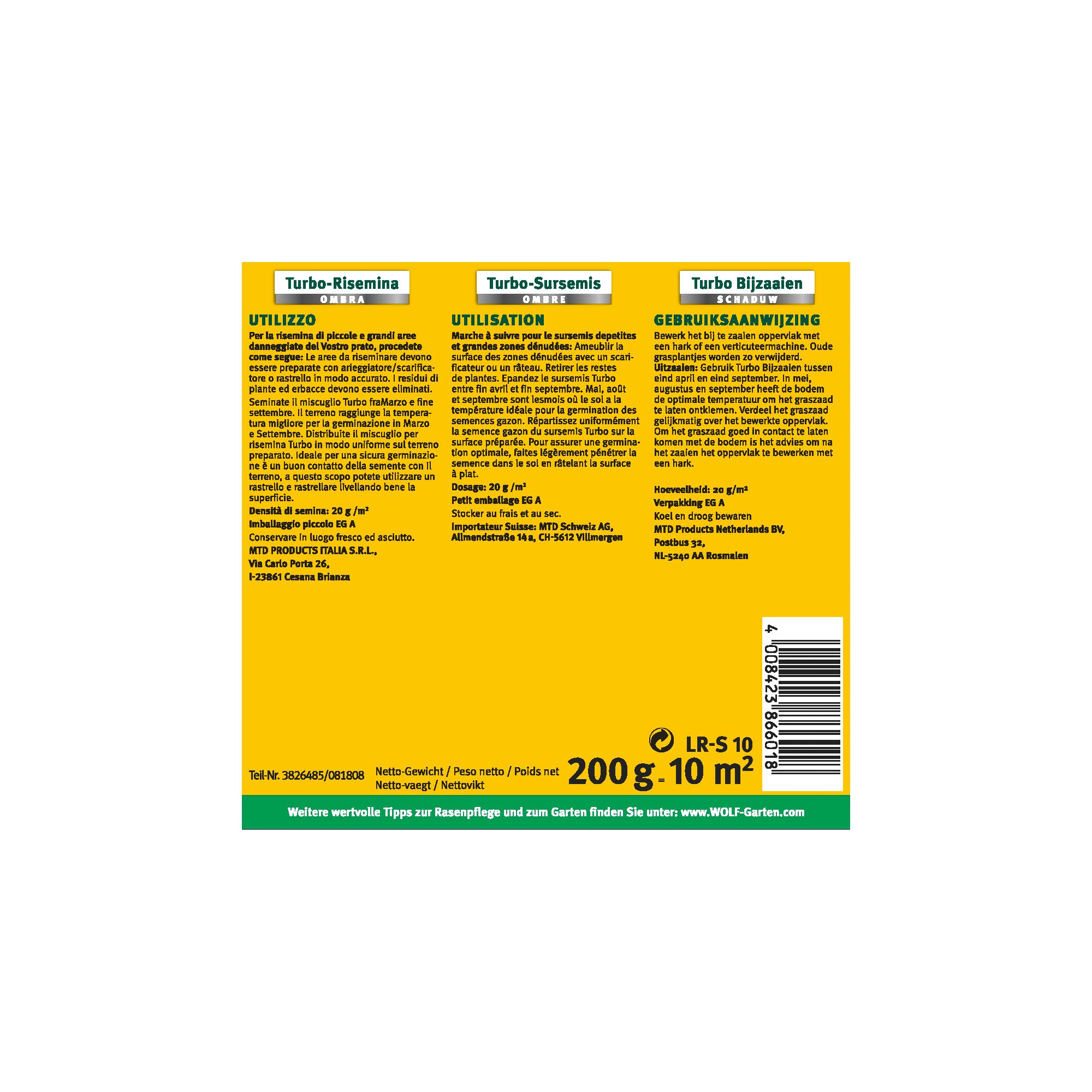 Back label of a WOLFGarten lawn seed product, LR-S 10, showing instructions for use in Italian, French, and Dutch. The yellow label details usage directions, dosage, storage instructions, net weight (200 g), coverage (10 m²), and manufacturer information.