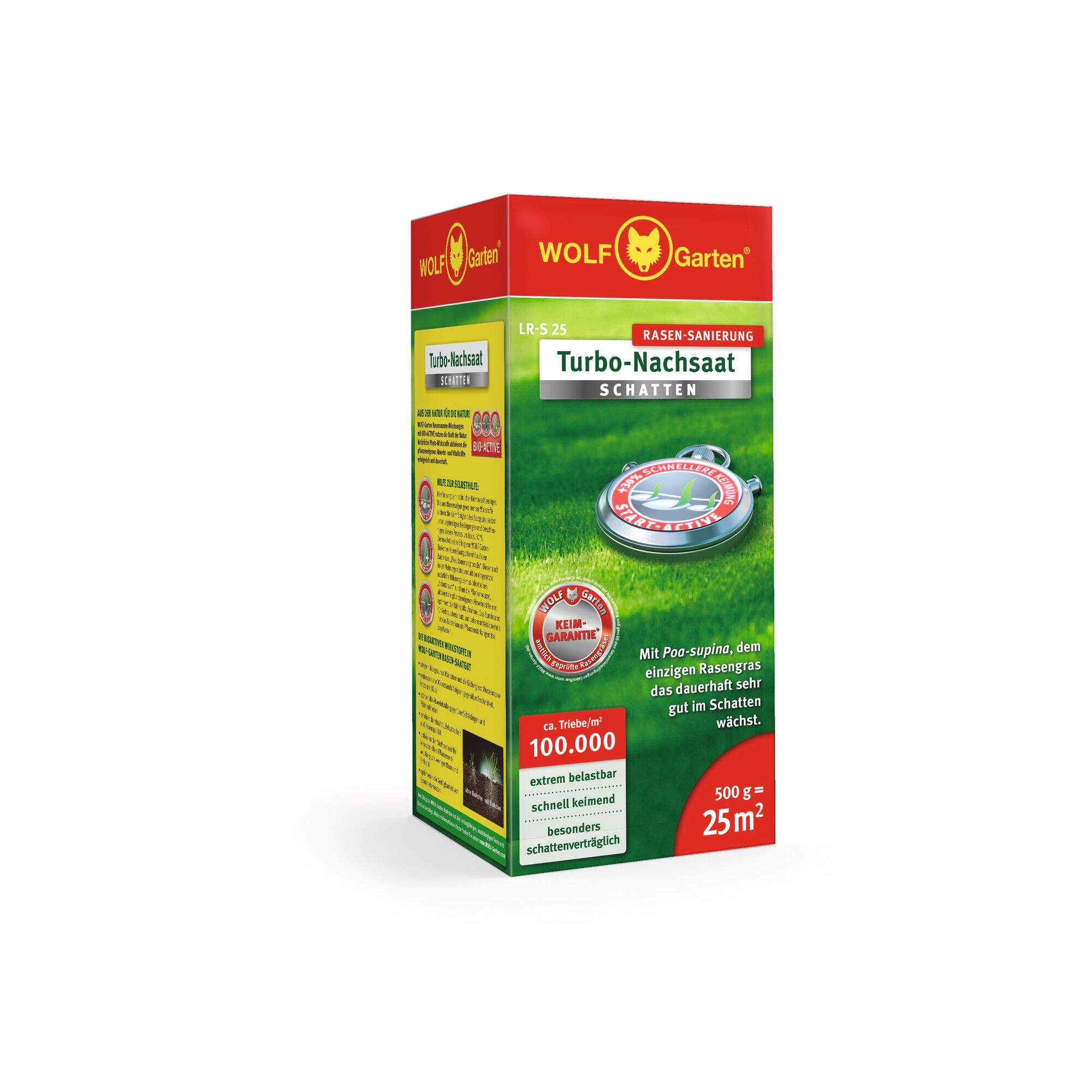A box of WOLF Garten Turbo-Nachsaat Schatten lawn reseeding product for shady areas, with green and red packaging. The front features a lawn graphic, product information, and highlights such as '100,000 shoots/m²', '500 g for 25 m²', and 'extremely resilient, fast germinating, particularly shade tolerant.'