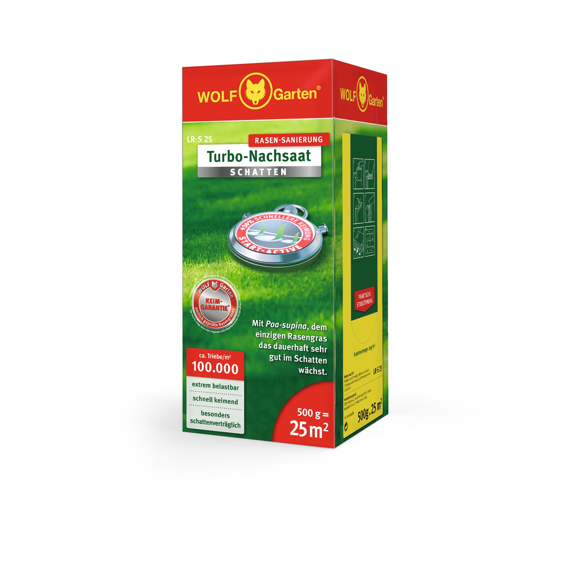 A rectangular box of WOLF-Garten Turbo-Nachsaatschatten (Turbo Overseeding for Shade) lawn seed, 500g for 25 square meters, featuring branding and information about seed quality and suitability for shaded areas.