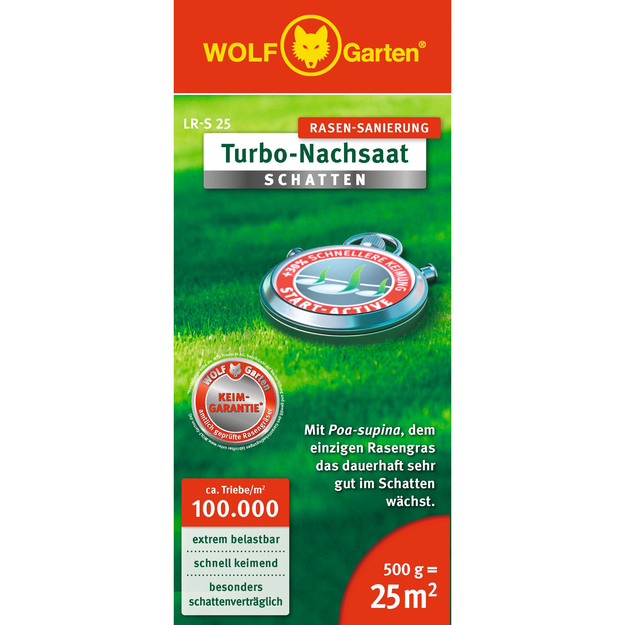 Front packaging of WOLFGarten Turbo-Nachsaat Schatten lawn seed for lawn renovation, suitable for shaded areas, with Poa-supina grass. Features faster germination, high resilience, seed guarantee, coverage for 25 square meters (500g), and claims to work well in shade.