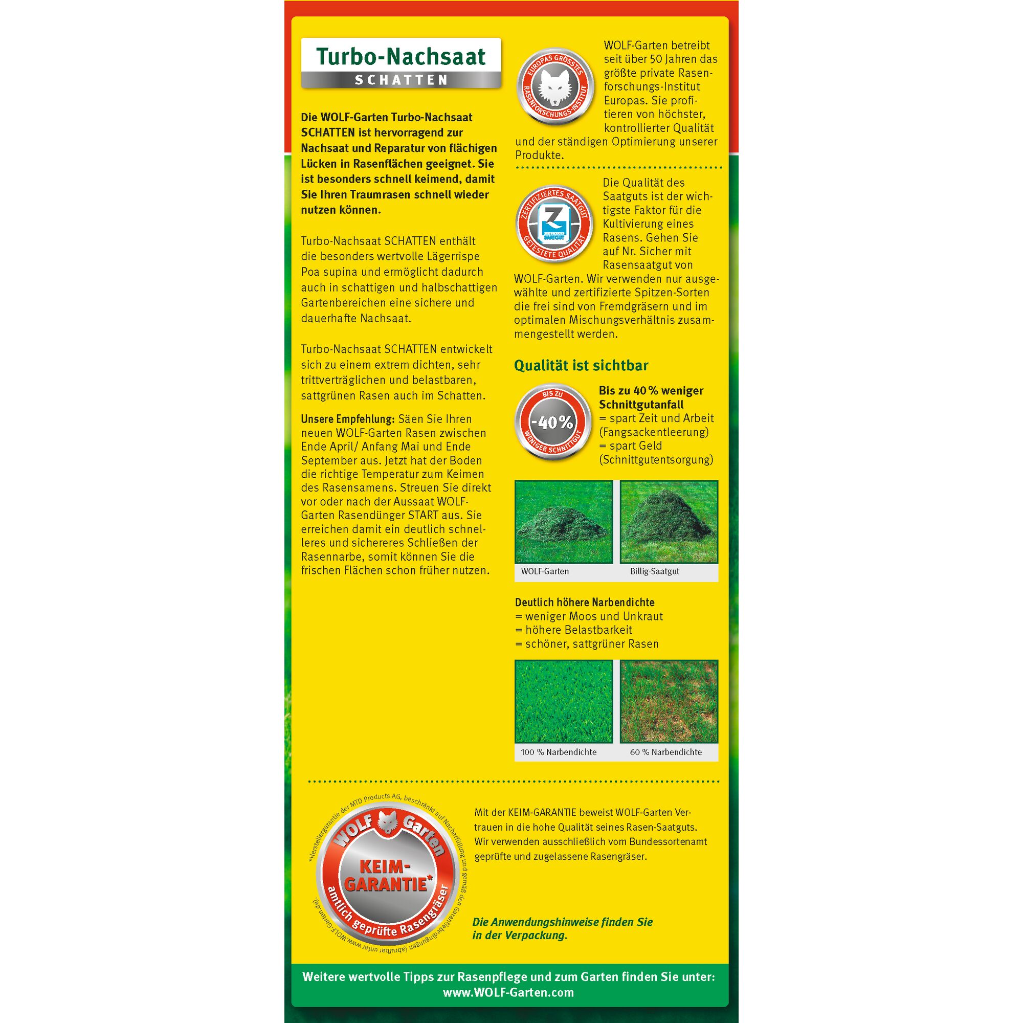 Product information leaflet for WOLF-Garten Turbo-Nachssaat SCHATTEN, specialized grass seed for lawn repair and reseeding in shady areas. The leaflet highlights the product's fast germination, ability to create dense and durable lawns, and instructions for optimal sowing. It also explains the benefits of reduced mowing, improved lawn quality, and features a seed guarantee. There are comparative photos showing the difference between WOLF-Garten and cheap seed, and tips for lawn care.