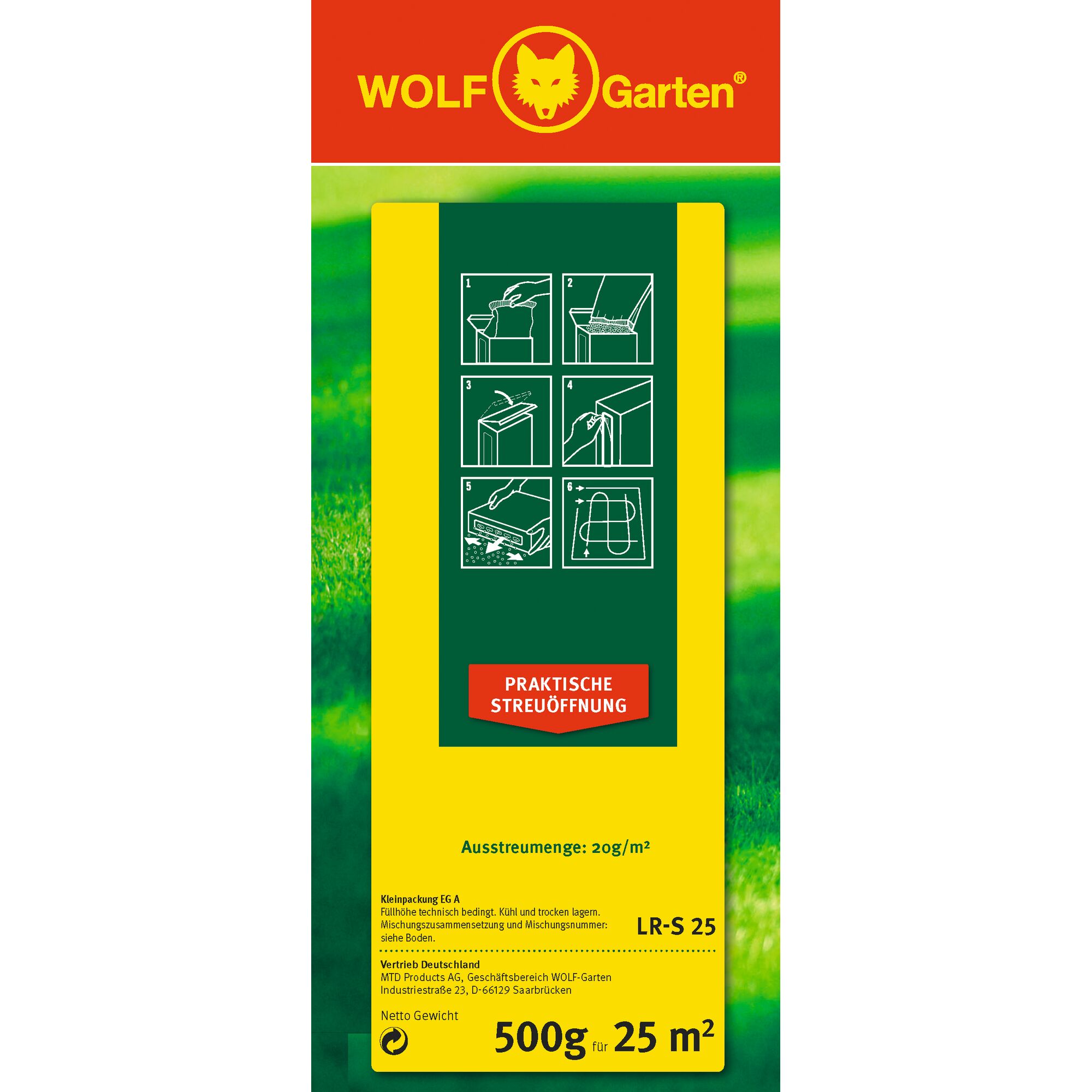 Package of WOLF-Garten LR-S 25 lawn care product, 500g for 25 square meters, featuring a yellow and green design with instructions for practical spreading opening, in German.