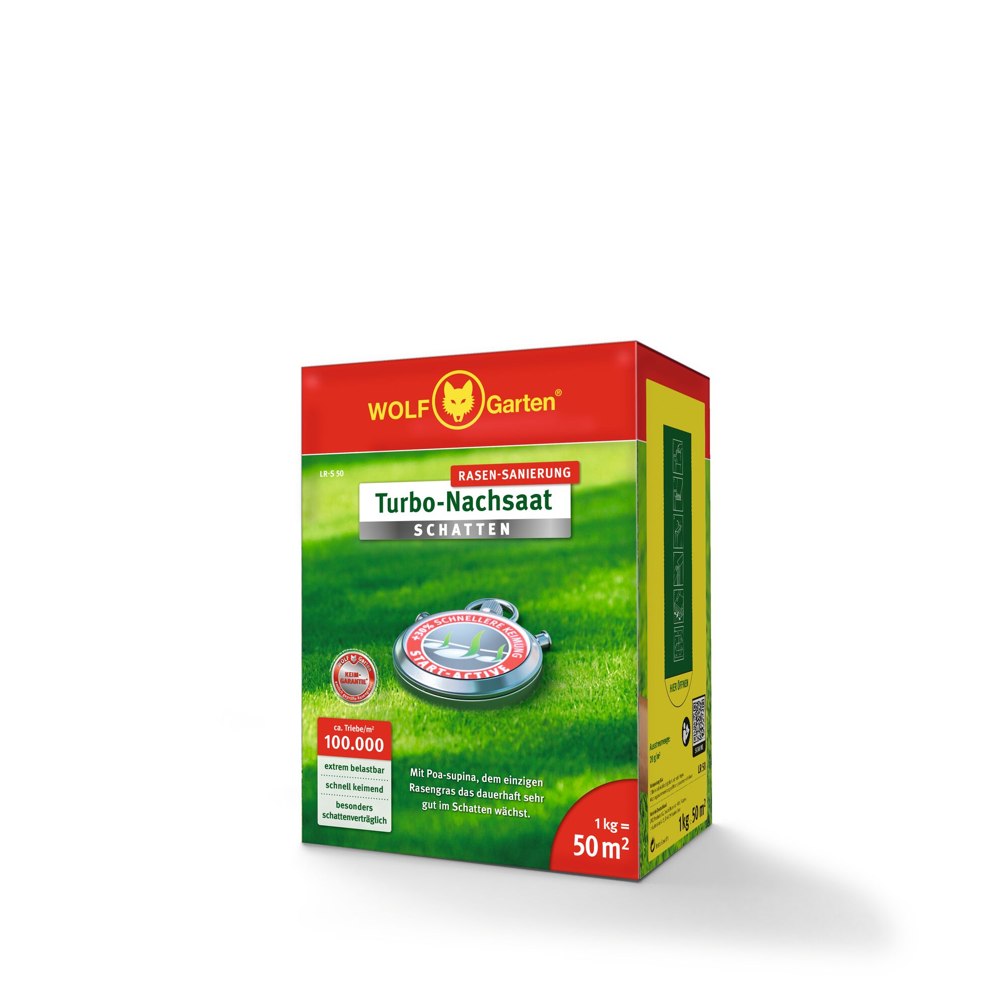 A box of WOLF Garten Turbo-Nachsaat Schatten lawn seed, designed for lawn repair in shaded areas. The packaging is red and green with the WOLF Garten logo at the top and information about coverage of 50 square meters for 1 kg of seed.