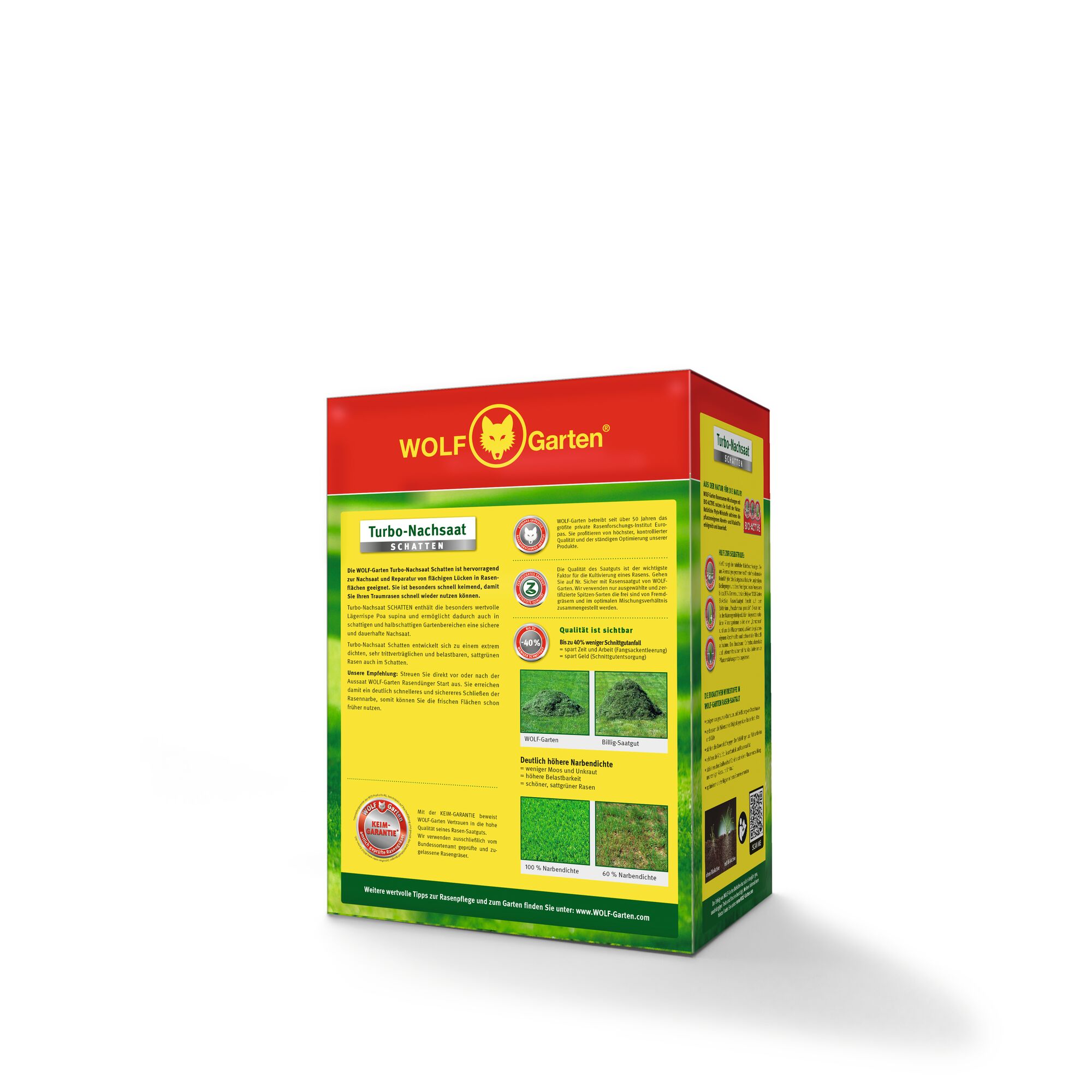 A box of WOLFGarten Turbo-Nachsaat lawn seed, designed for shaded areas. The packaging is predominantly red and yellow with green accents and contains detailed information and images of lawn coverage. The front features the WOLFGarten logo, product description, and quality icons.